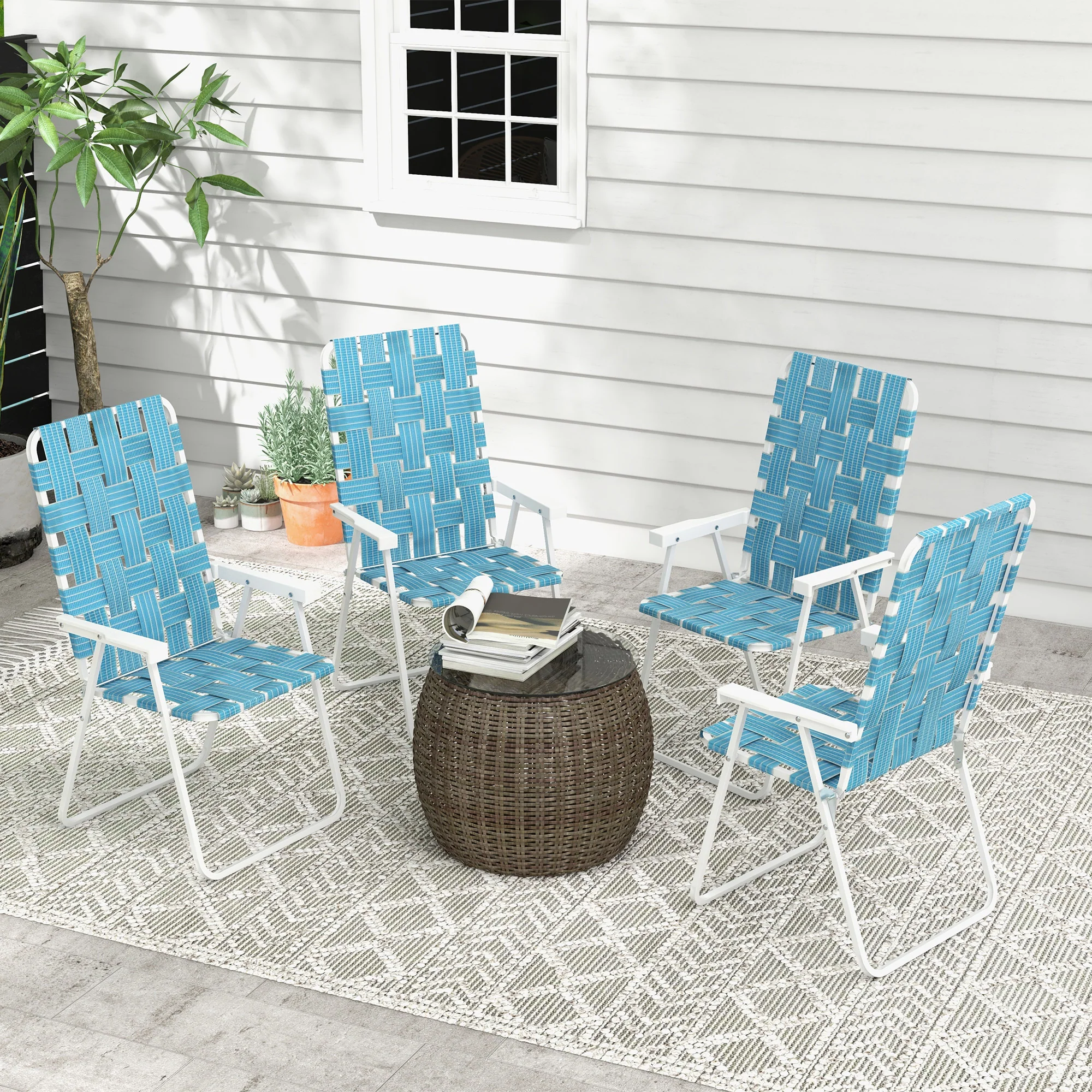 Set of 4 Classic Folding Chairs, Outdoor Camping, Portable Lawn, Armrests, Blue - Image 3