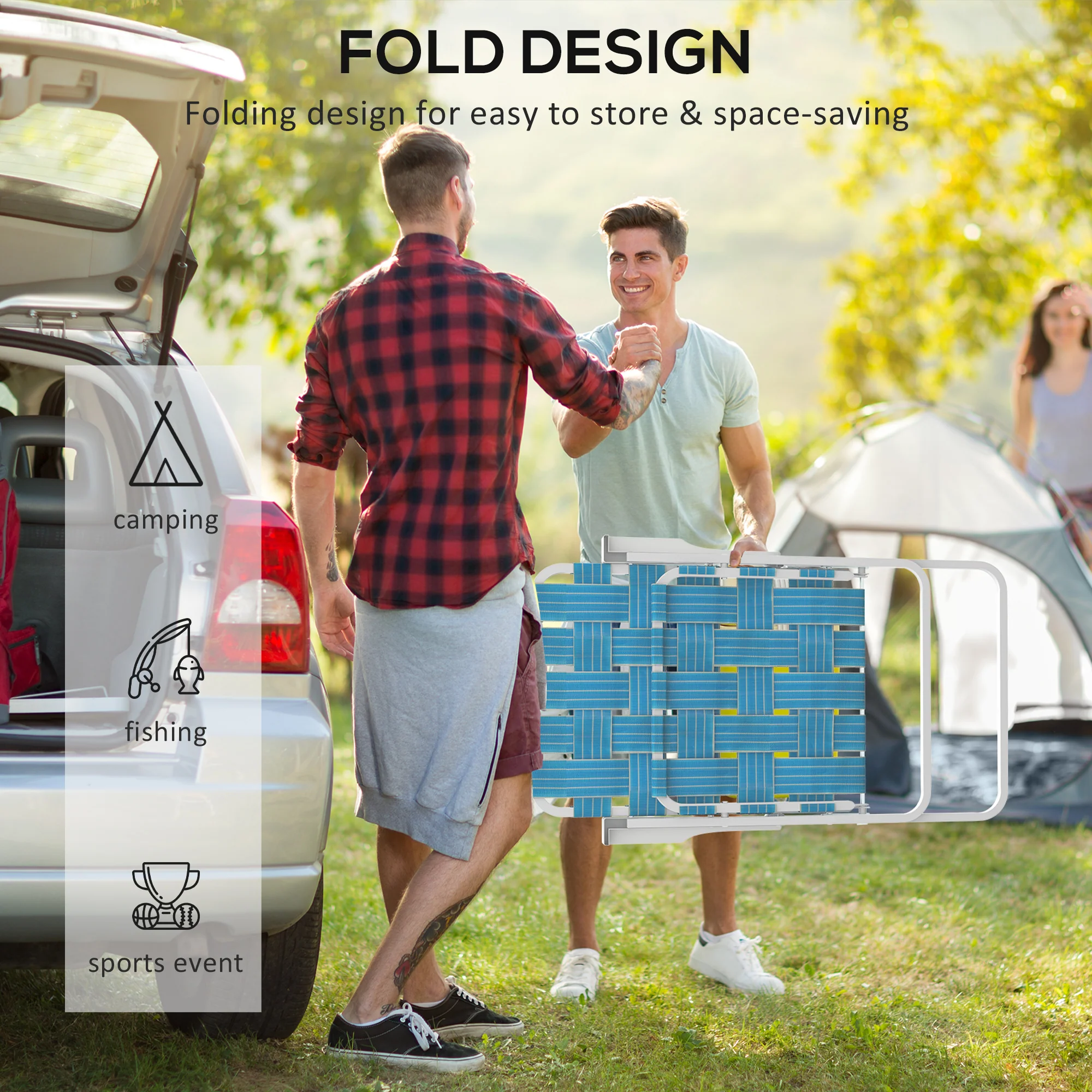 Set of 4 Classic Folding Chairs, Outdoor Camping, Portable Lawn, Armrests, Blue - Image 7
