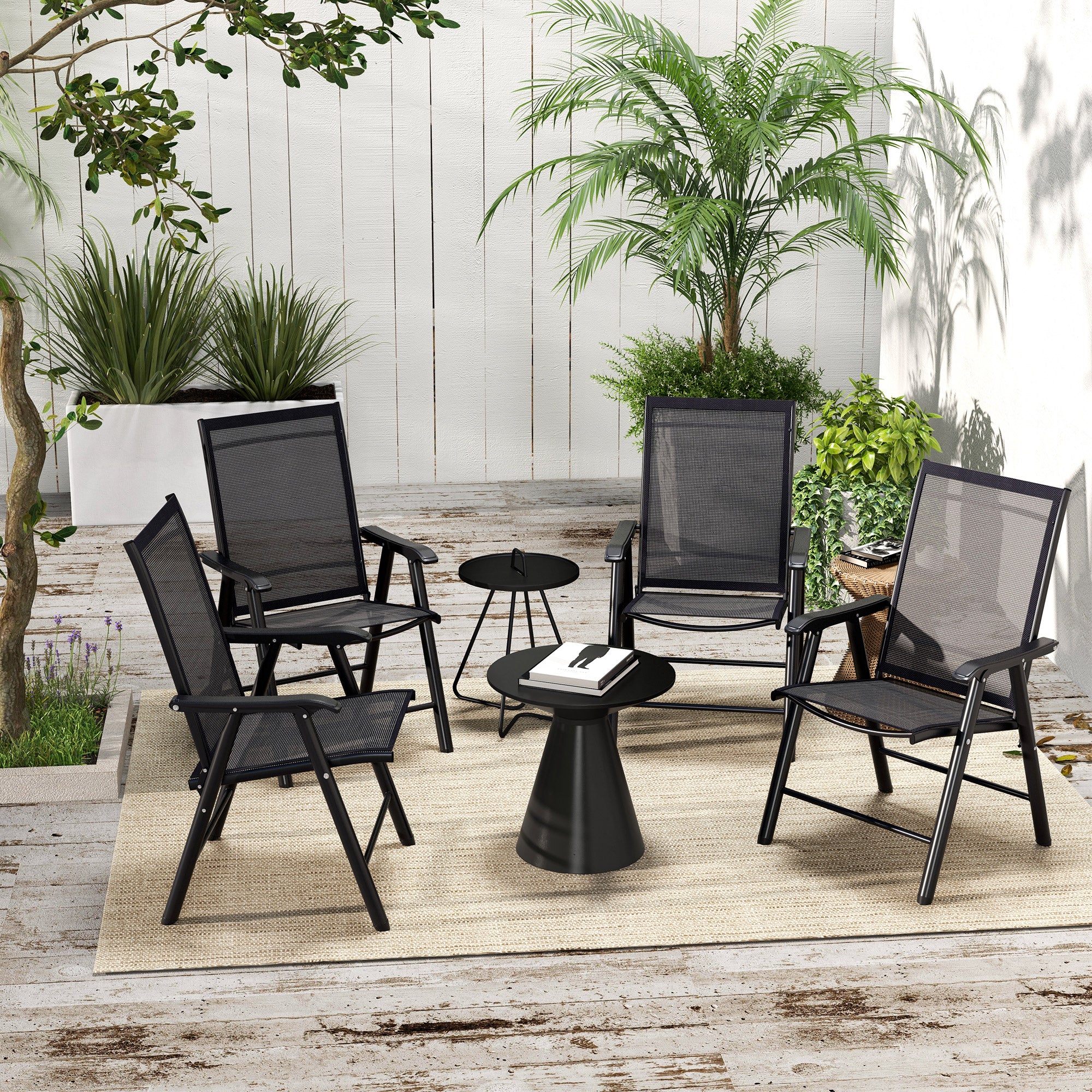 4-Piece Outdoor Folding Chairs, Stackable Metal Frame with Armrests, Black - Image 3