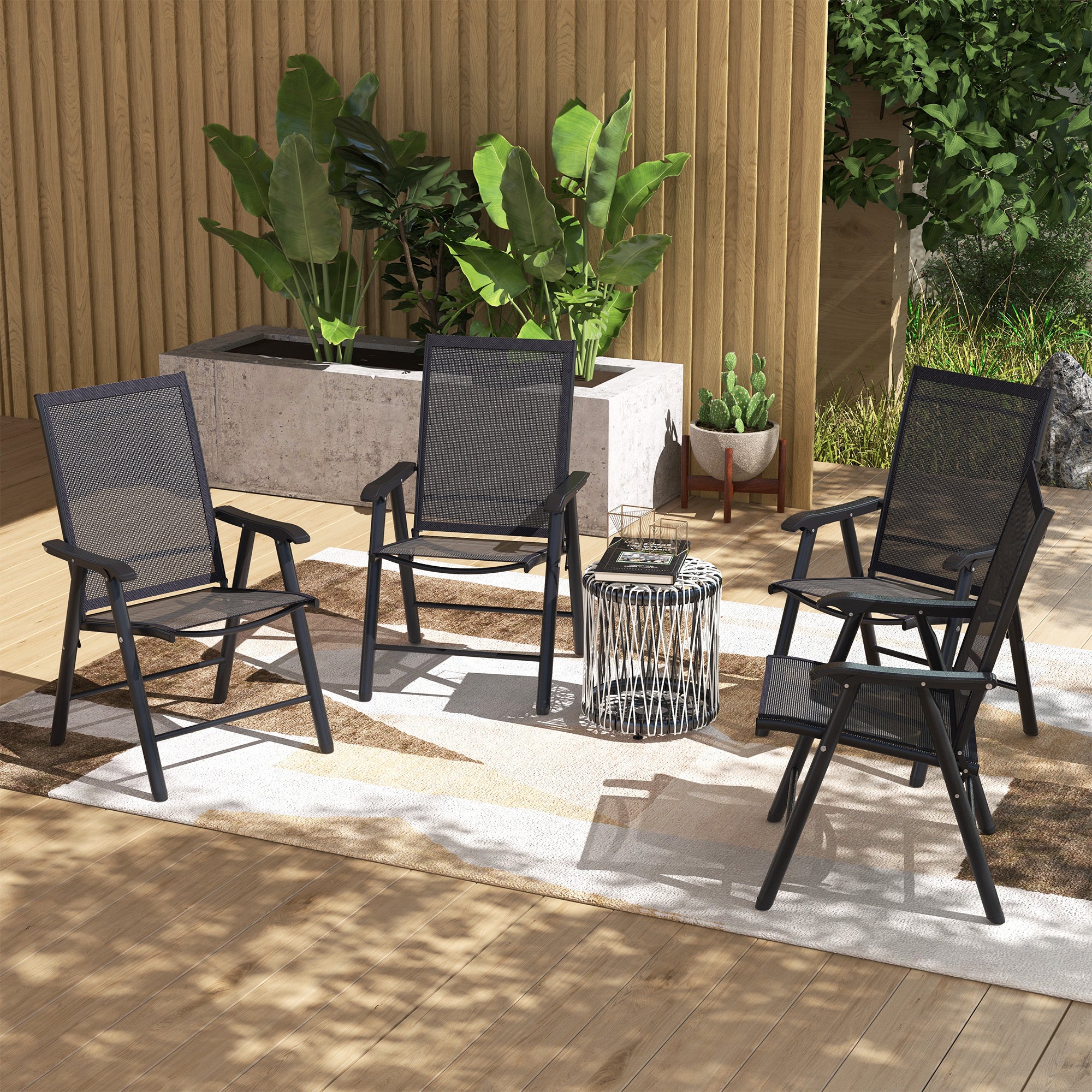 4-Piece Outdoor Folding Chairs, Stackable Metal Frame with Armrests, Black - Image 4