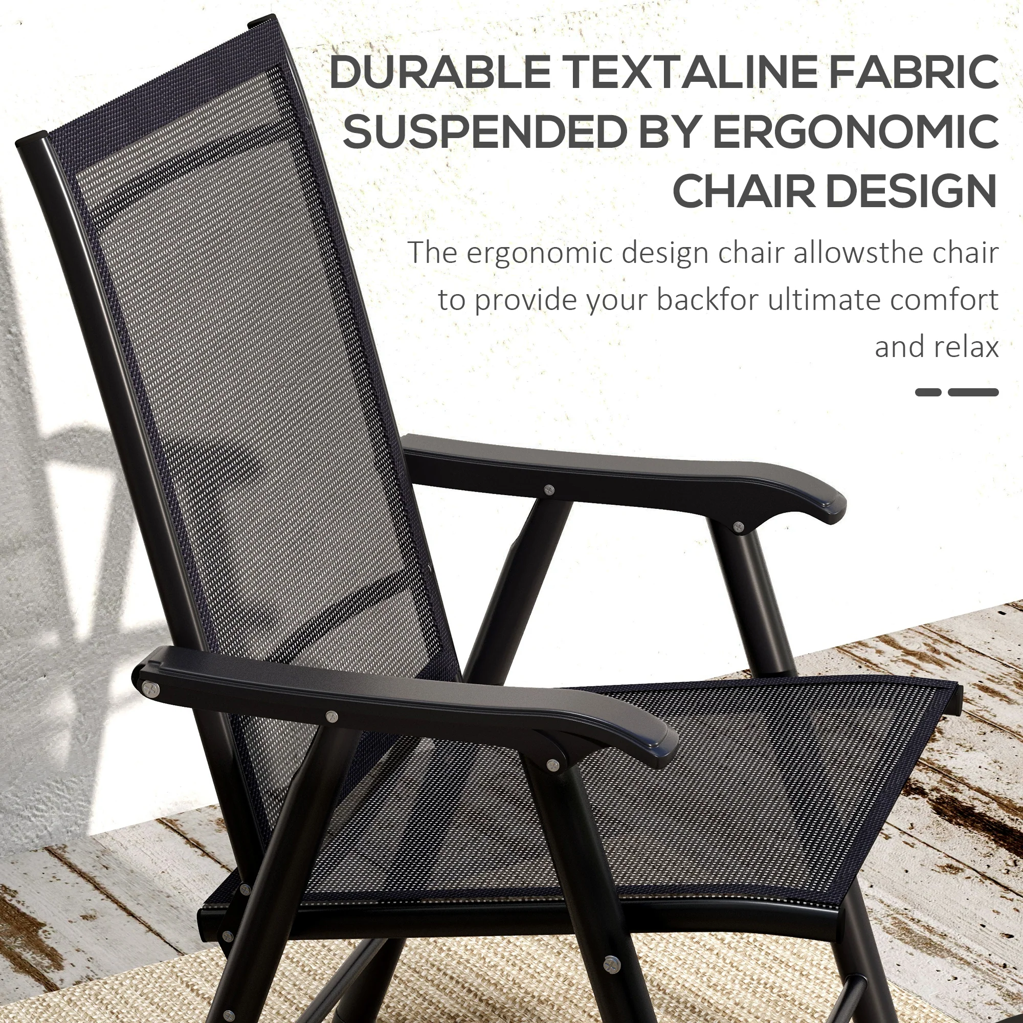 4-Piece Outdoor Folding Chairs, Stackable Metal Frame with Armrests, Black - Image 6
