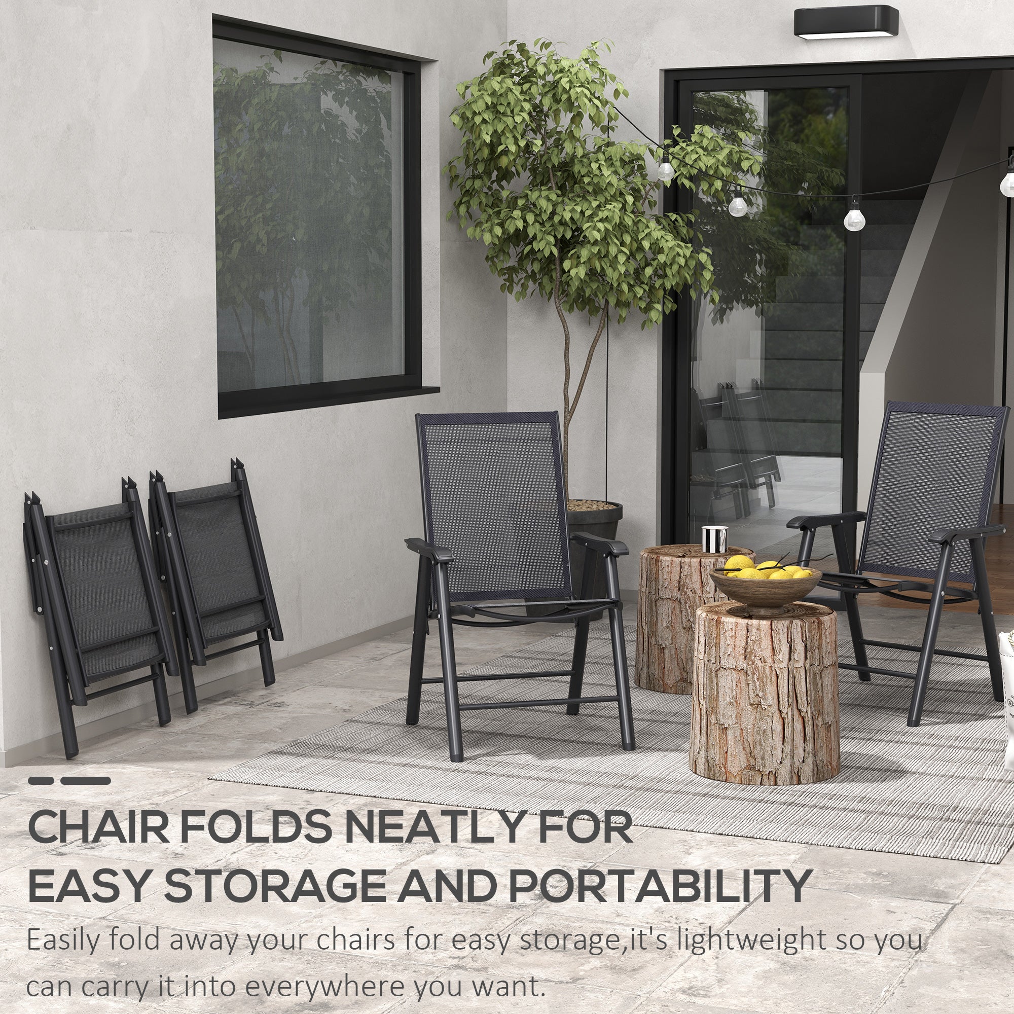 4-Piece Outdoor Folding Chairs, Stackable Metal Frame with Armrests, Black - Image 7