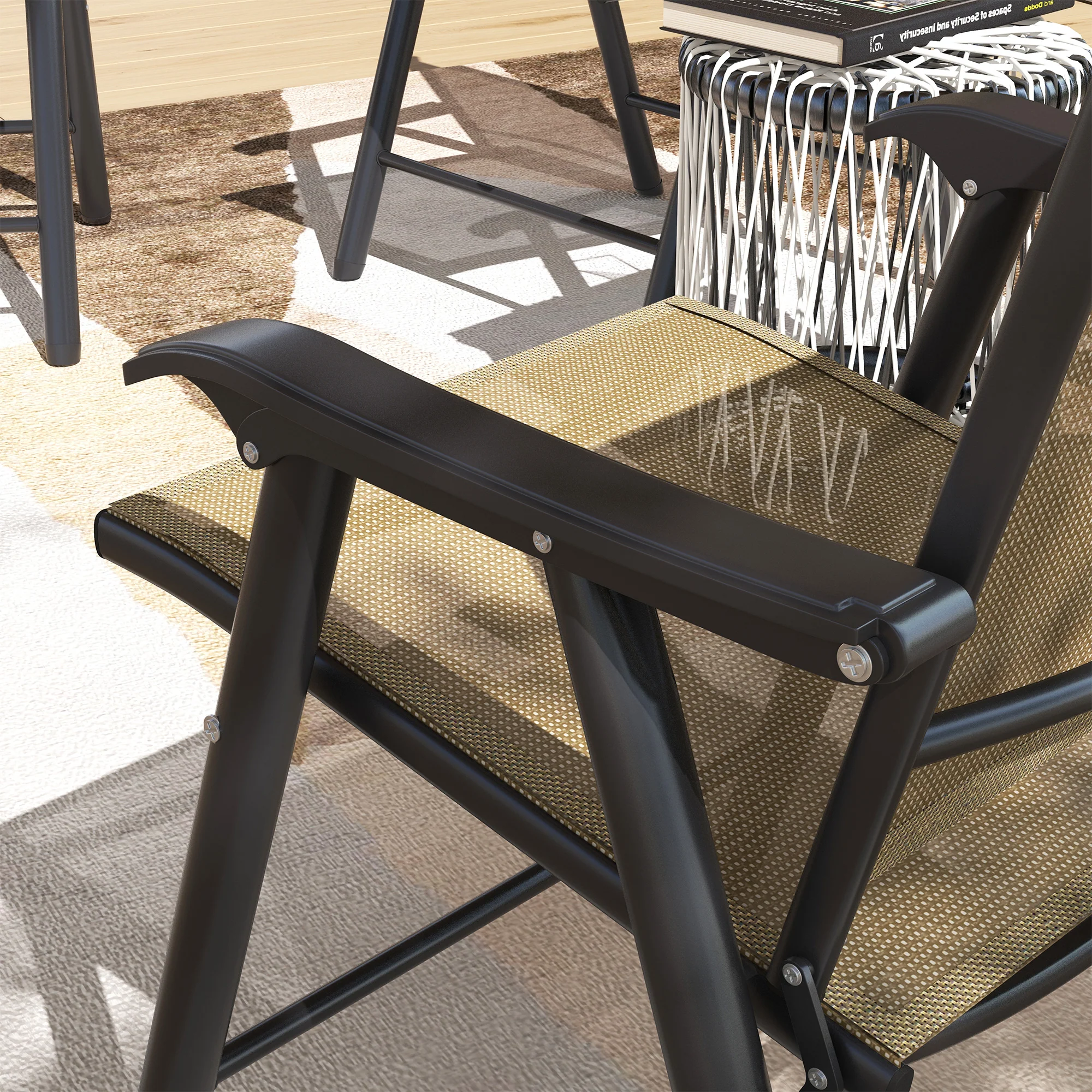 4-Piece Outdoor Folding Chairs, Stackable Metal Frame with Armrests, Light Mixed Brown - Image 11