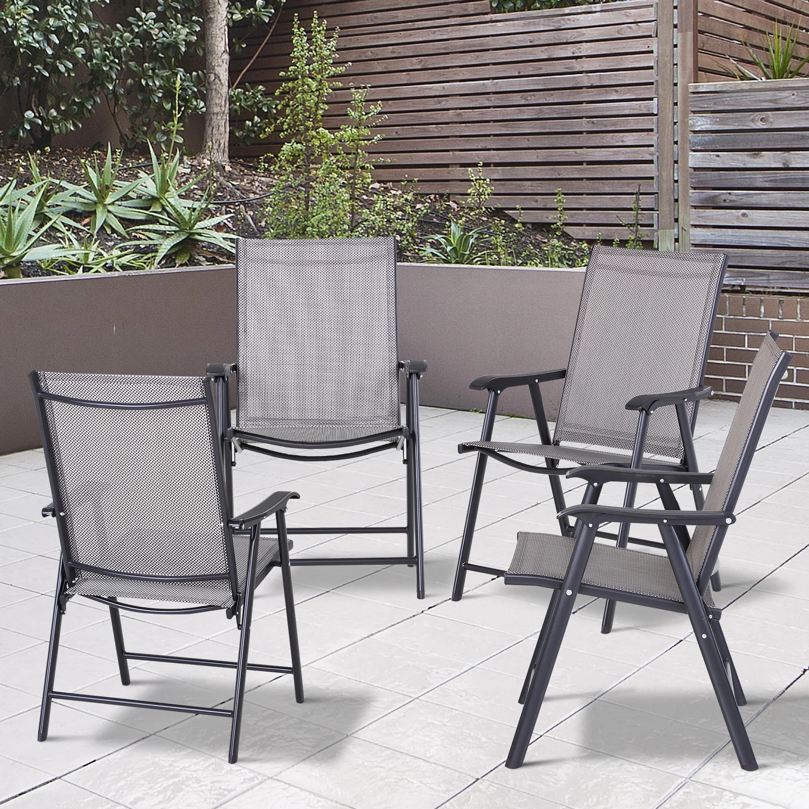Set of 4 Stackable Outdoor Folding Chairs with Armrests, Metal Frame, Gray - Image 3