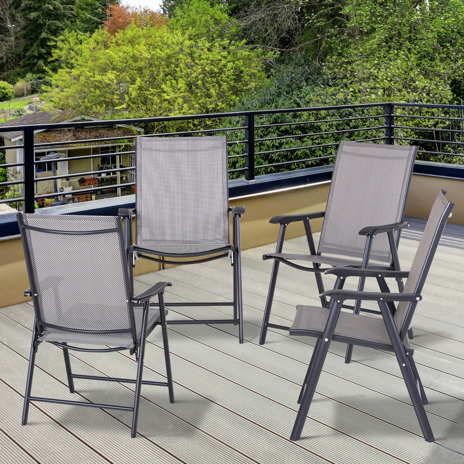 Set of 4 Stackable Outdoor Folding Chairs with Armrests, Metal Frame, Gray - Image 4