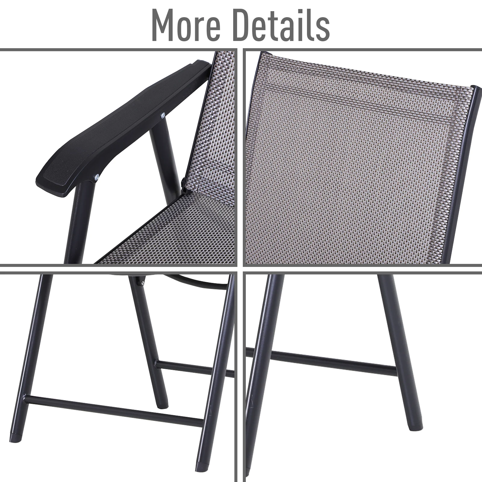 Set of 4 Stackable Outdoor Folding Chairs with Armrests, Metal Frame, Gray - Image 6