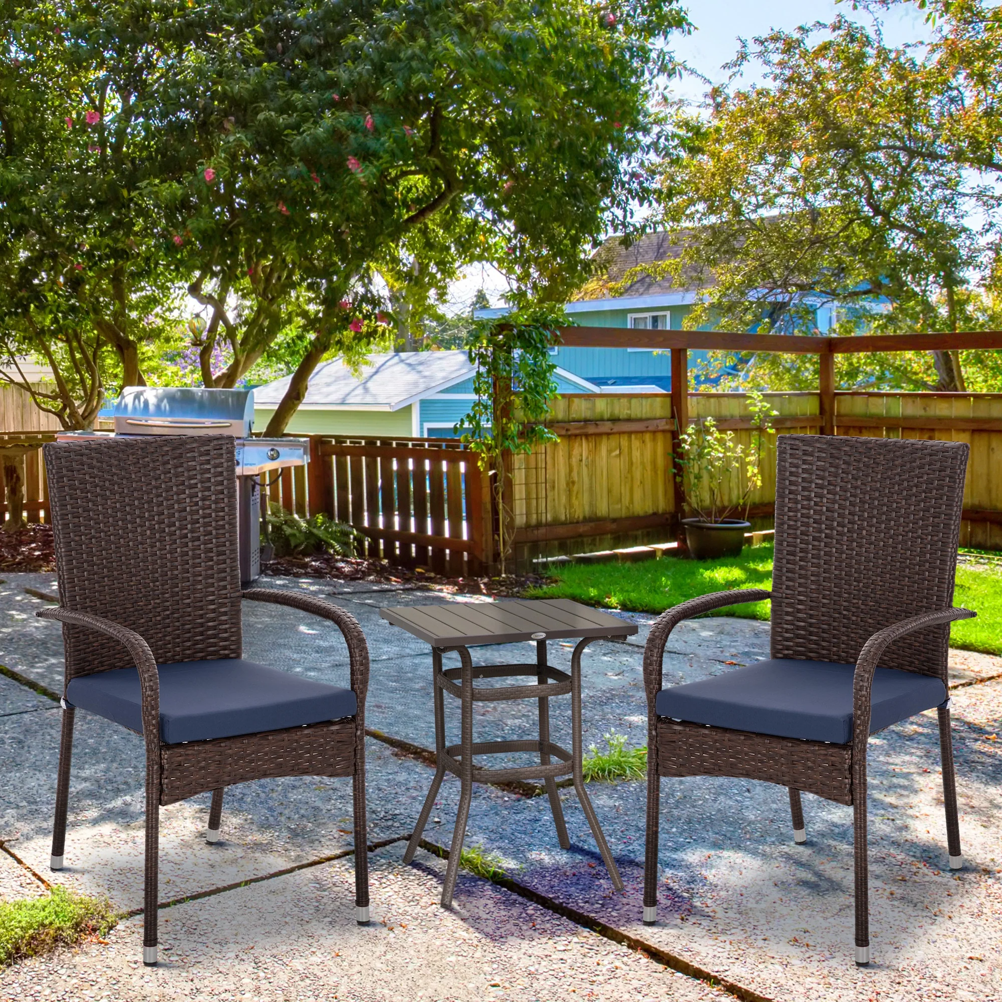 2-Piece Stackable Wicker Dining Chairs with Armrests & Backrests for Outdoor Patio, Blue - Image 3