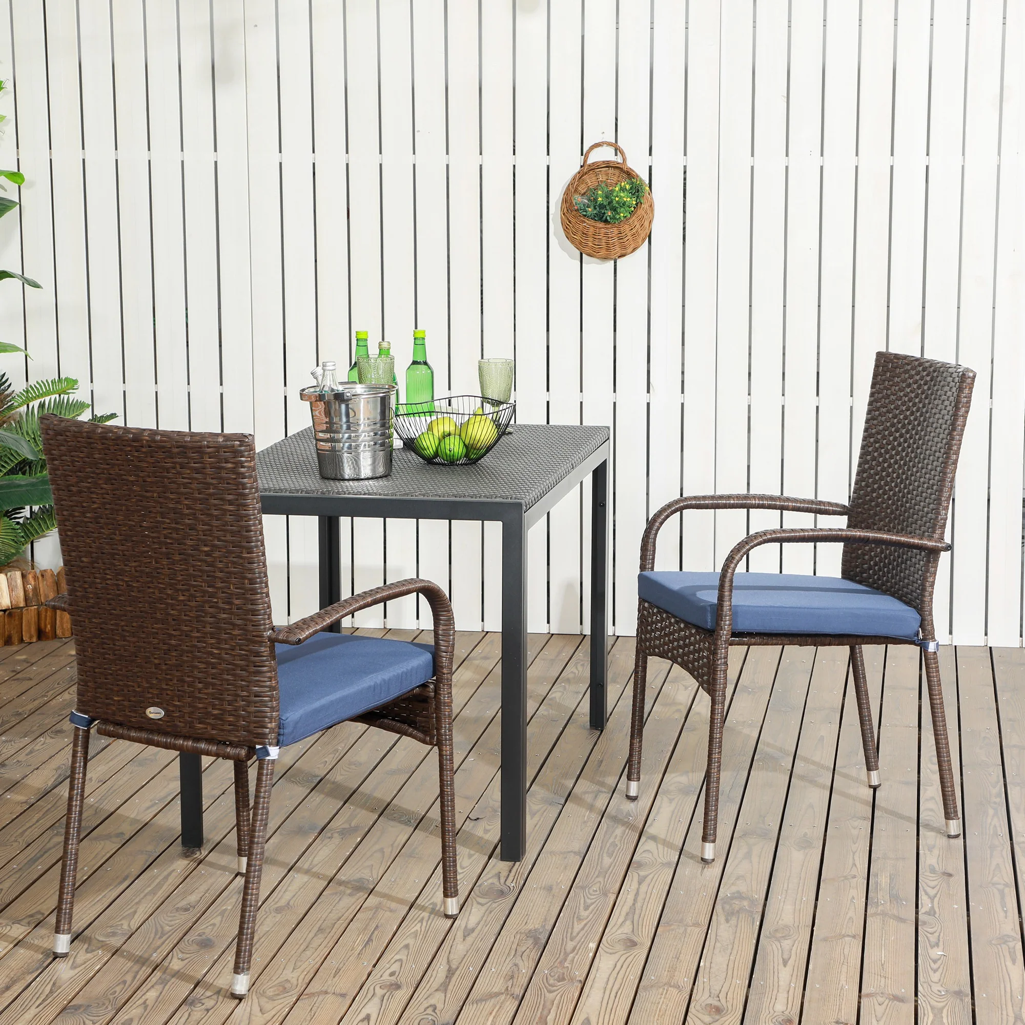 2-Piece Stackable Wicker Dining Chairs with Armrests & Backrests for Outdoor Patio, Blue - Image 4