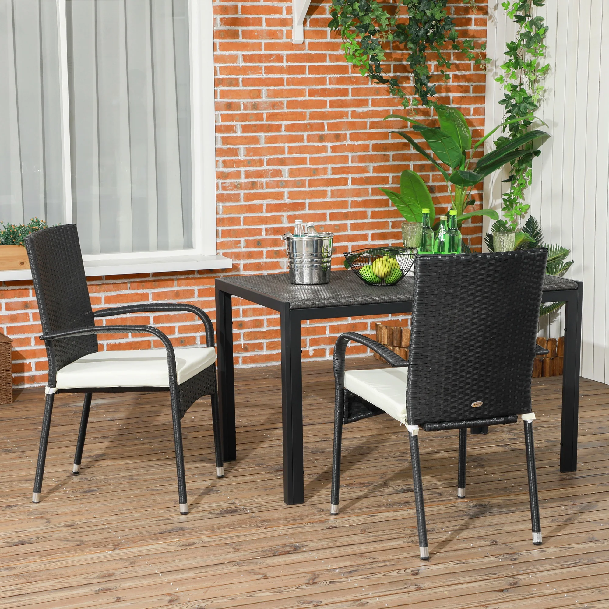 2-Piece Stackable Wicker Dining Chairs with Armrests & Backrests for Outdoor Patio, Cream White - Image 3