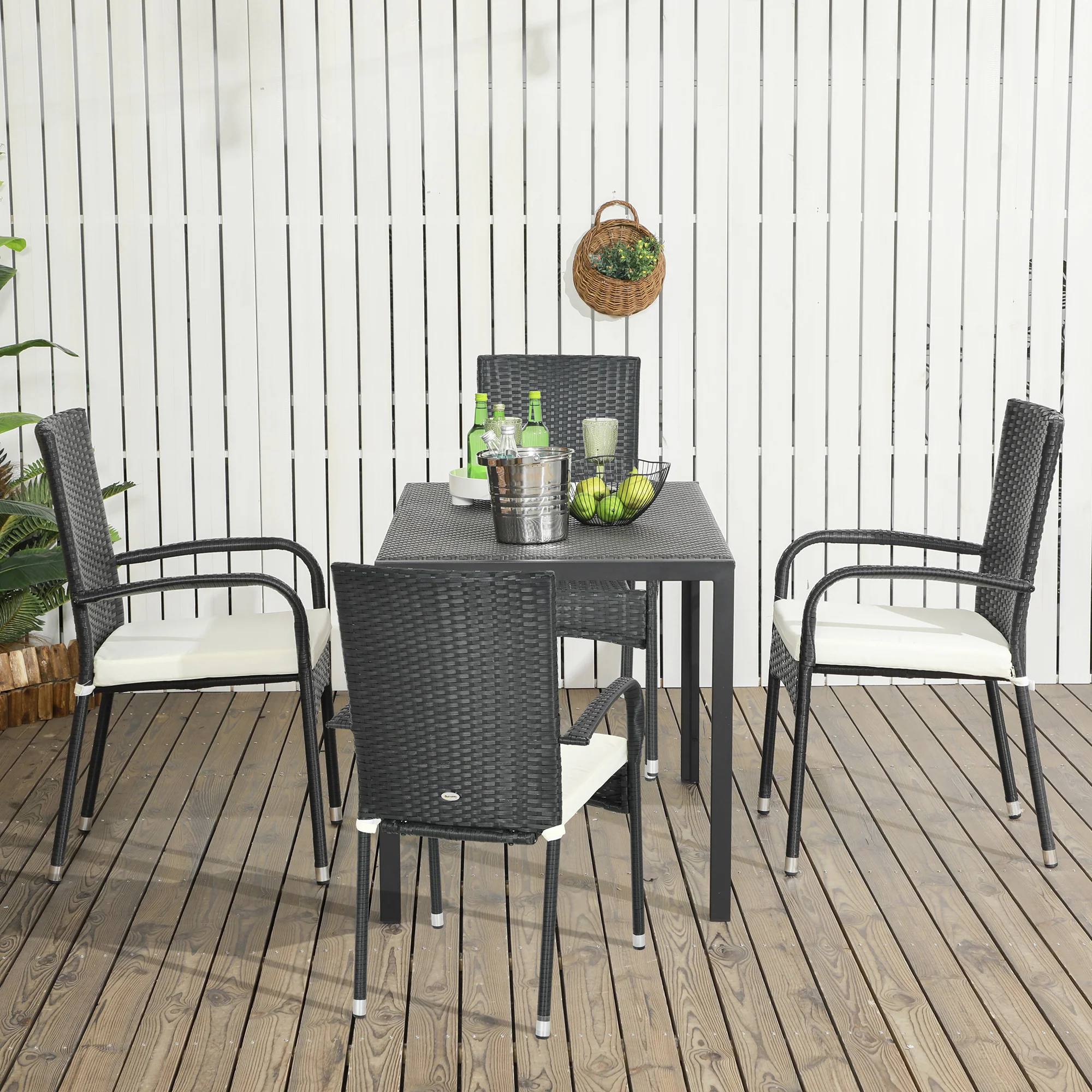 4-Piece Stackable Wicker Dining Chairs with Armrests & Backrests for Outdoor Patio, Cream - Image 4