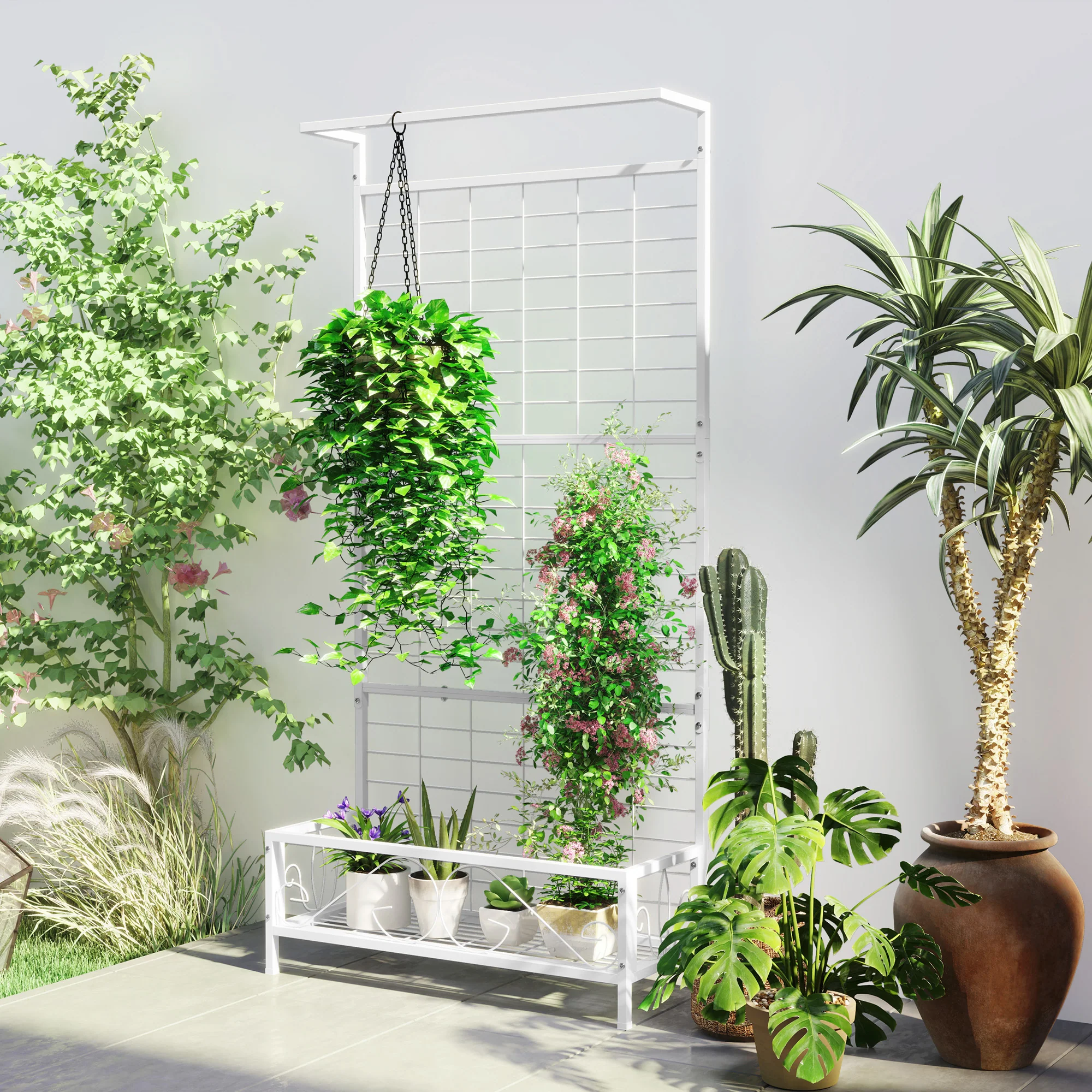 Tall Plant Stand with Trellis and Hanging Bar for Vine Climbing Plants Flowers, 35" x 12.8" x 74", White - Image 3