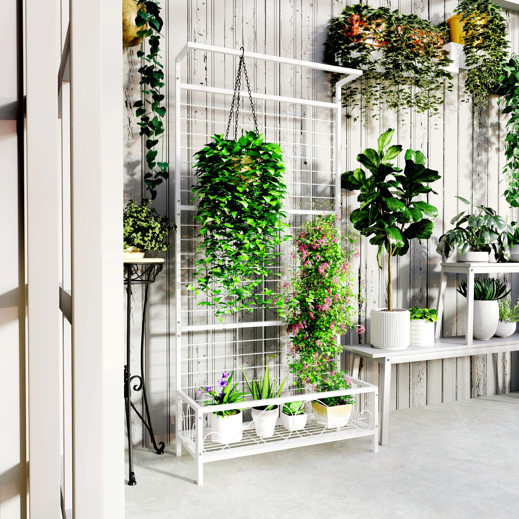 Tall Plant Stand with Trellis and Hanging Bar for Vine Climbing Plants Flowers, 35" x 12.8" x 74", White - Image 4