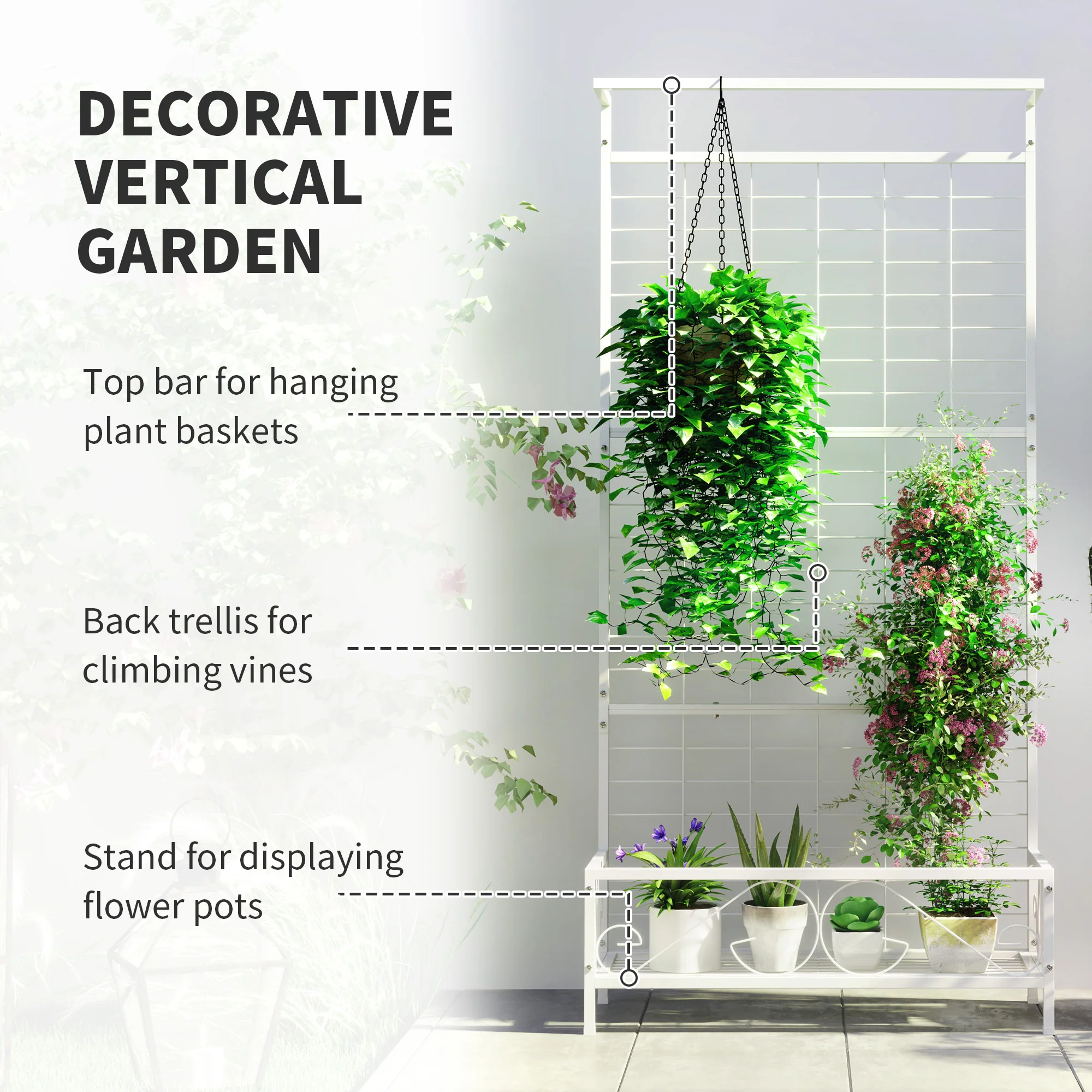 Tall Plant Stand with Trellis and Hanging Bar for Vine Climbing Plants Flowers, 35" x 12.8" x 74", White - Image 6