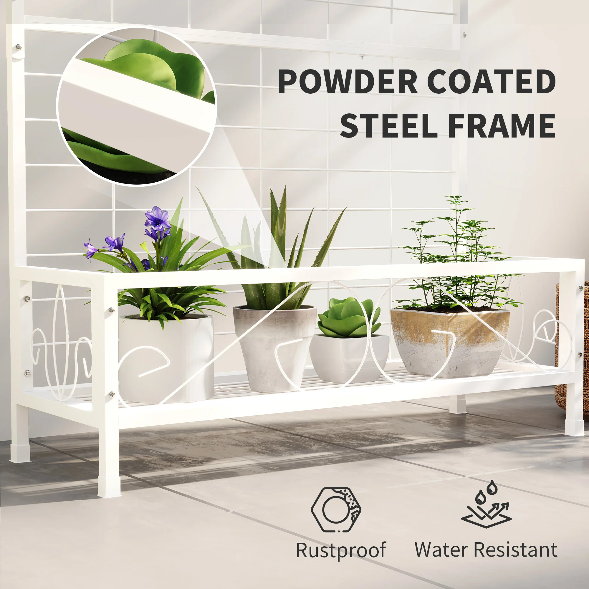 Tall Plant Stand with Trellis and Hanging Bar for Vine Climbing Plants Flowers, 35" x 12.8" x 74", White - Image 7