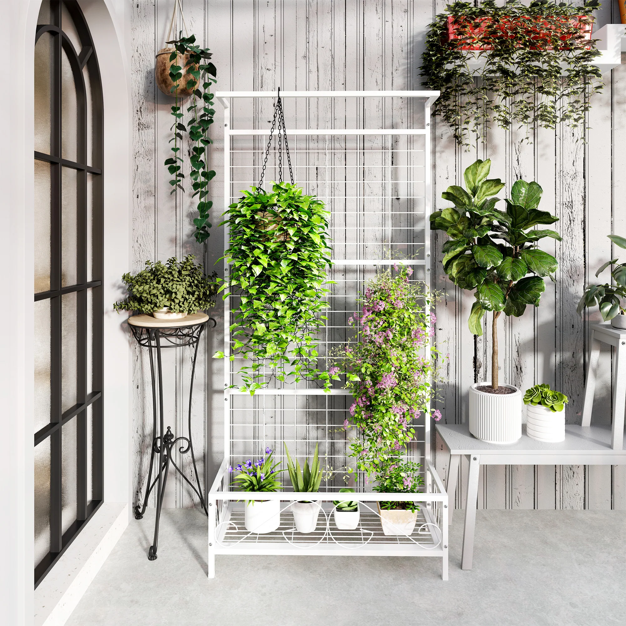 Tall Plant Stand with Trellis and Hanging Bar for Vine Climbing Plants Flowers, 35" x 12.8" x 74", White - Image 8