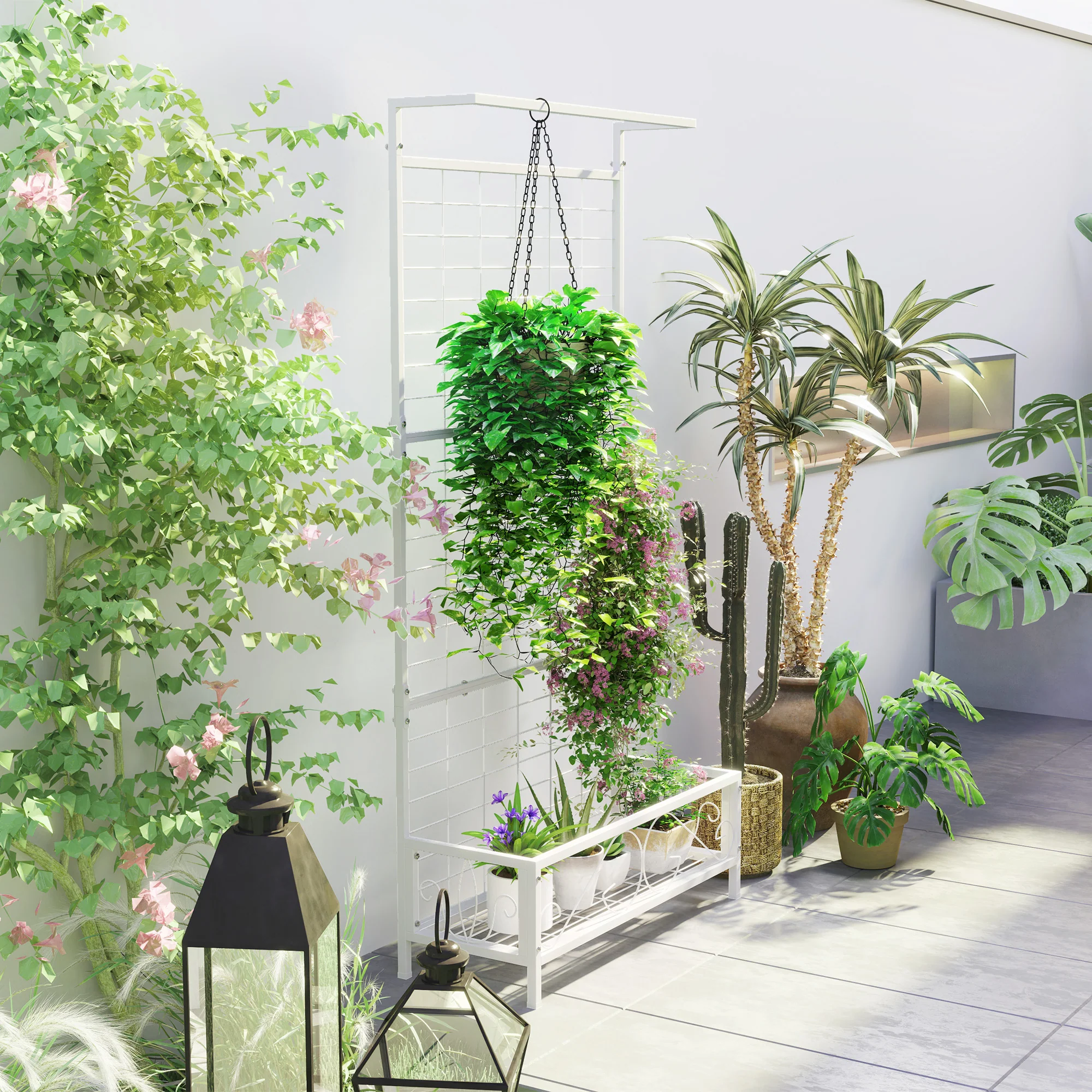 Tall Plant Stand with Trellis and Hanging Bar for Vine Climbing Plants Flowers, 35" x 12.8" x 74", White - Image 9