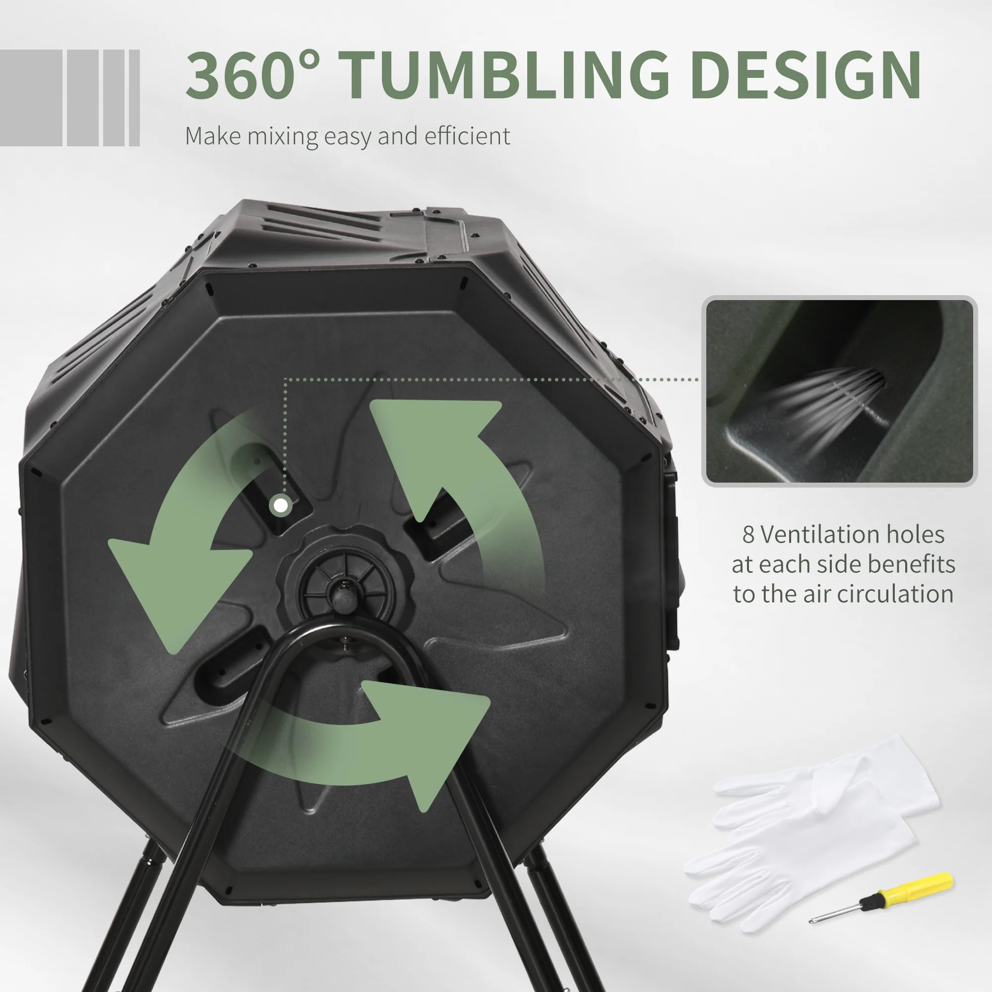 Tumbling Compost Bin Outdoor 360 Degrees Dual Chamber Rotating Composter 43 Gallon, Black - Image 7