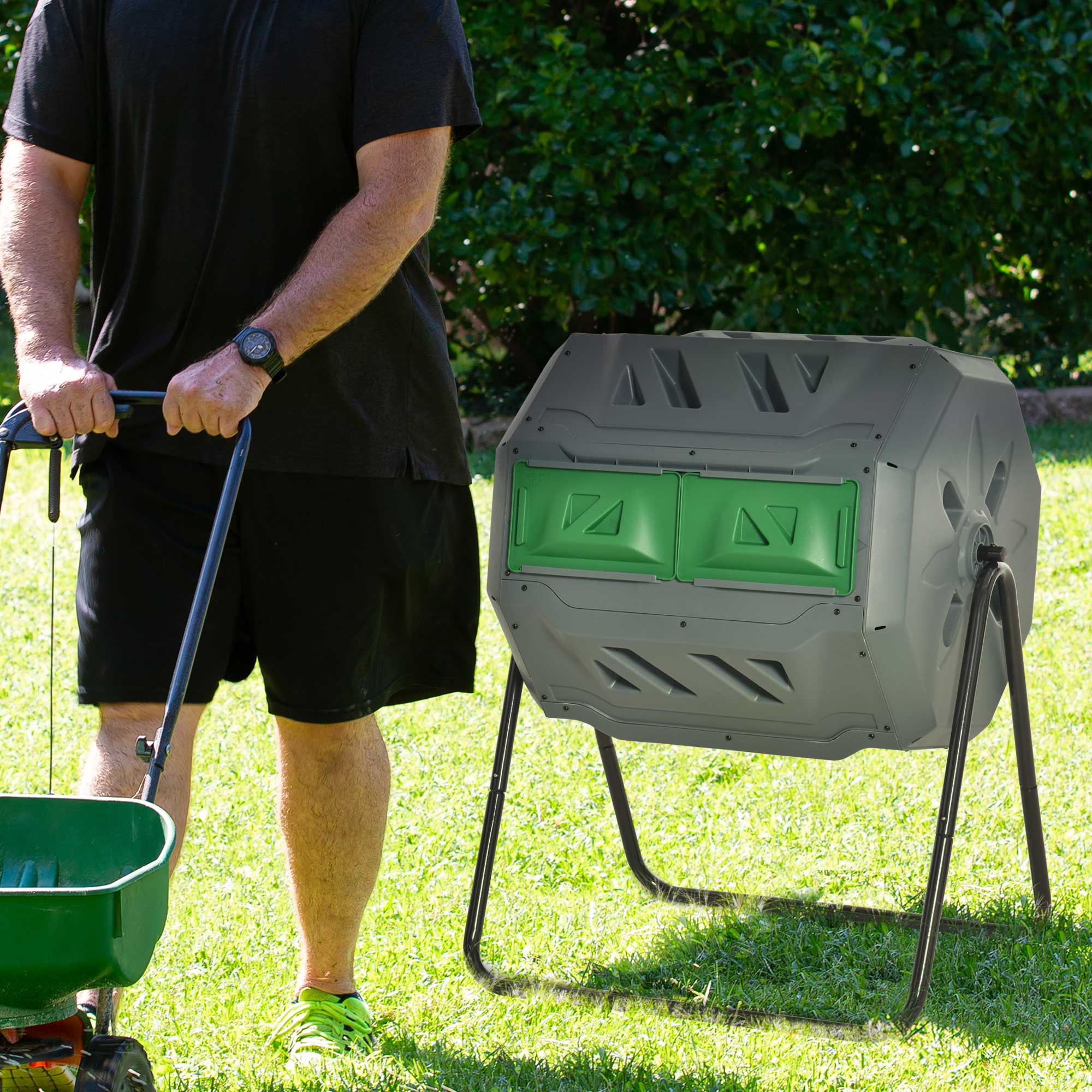 Tumbling Compost Bin Outdoor 360 Degrees Dual Chamber Rotating Composter 43 Gallon, Light Gray - Image 4