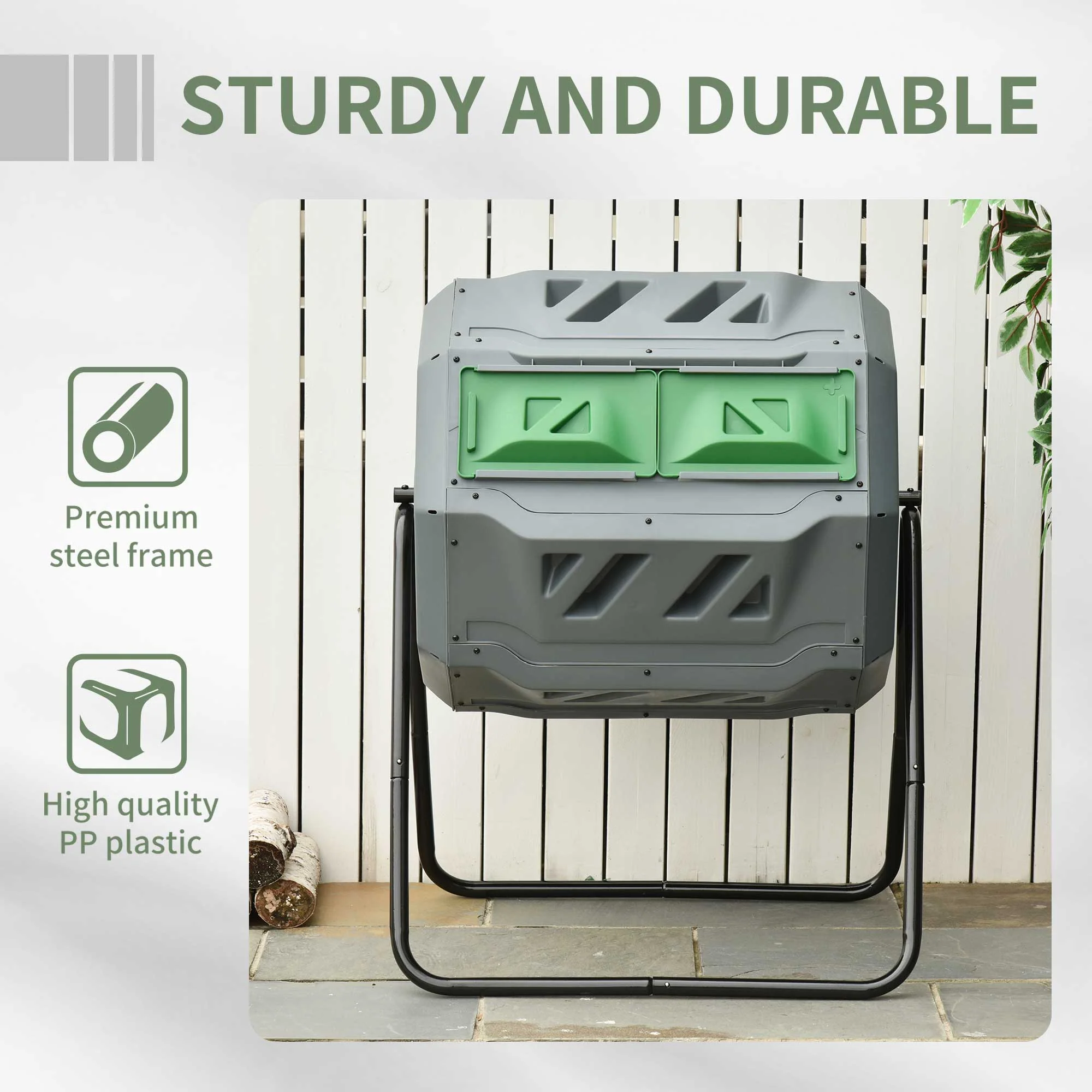 Tumbling Compost Bin Outdoor 360 Degrees Dual Chamber Rotating Composter 43 Gallon, Light Gray - Image 9