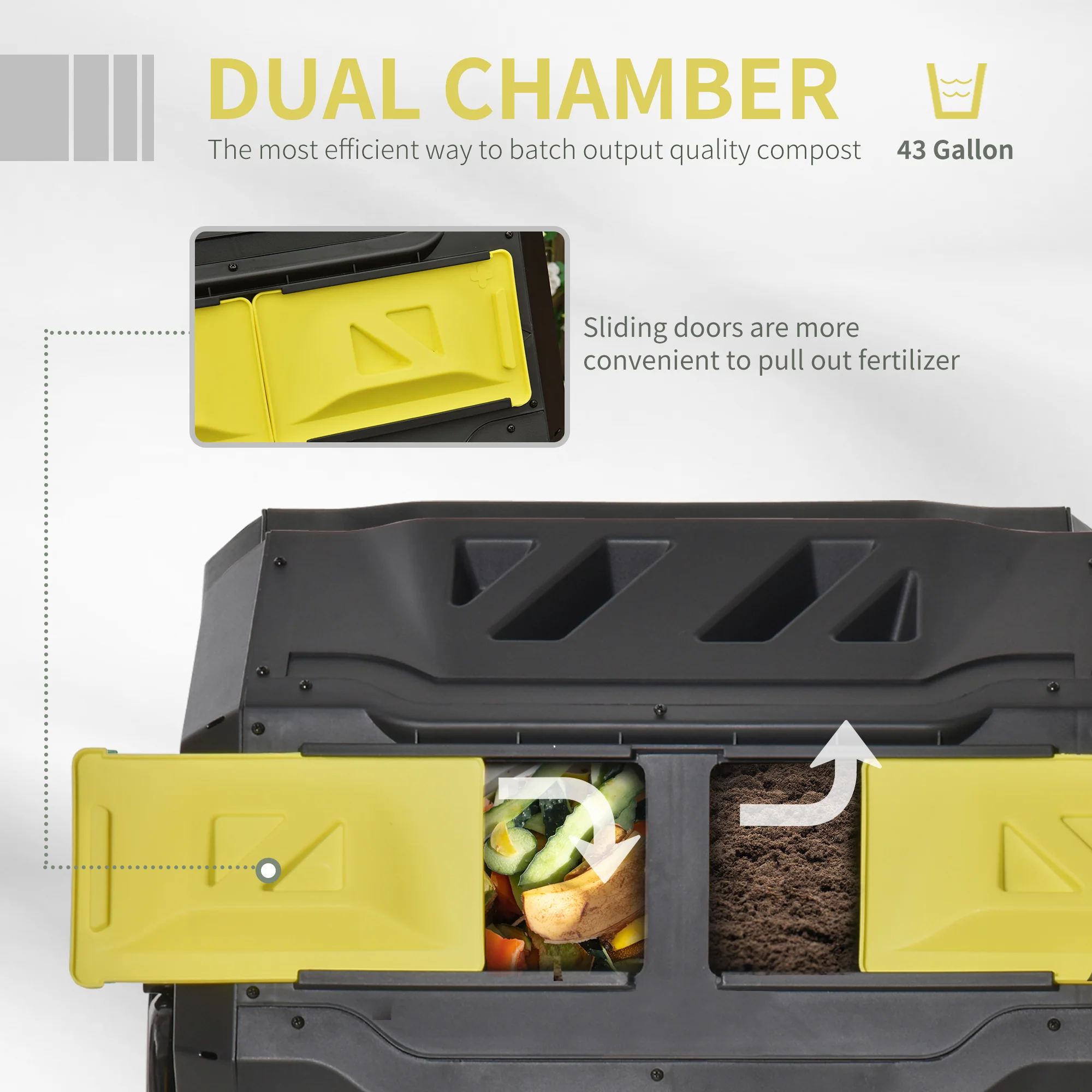 Tumbling Compost Bin Outdoor 360 Degrees Dual Chamber Rotating Composter 43 Gallon, Yellow - Image 6