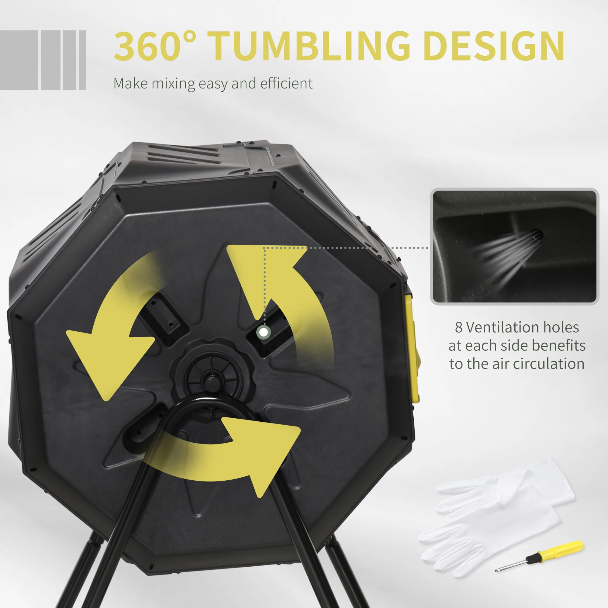 Tumbling Compost Bin Outdoor 360 Degrees Dual Chamber Rotating Composter 43 Gallon, Yellow - Image 7