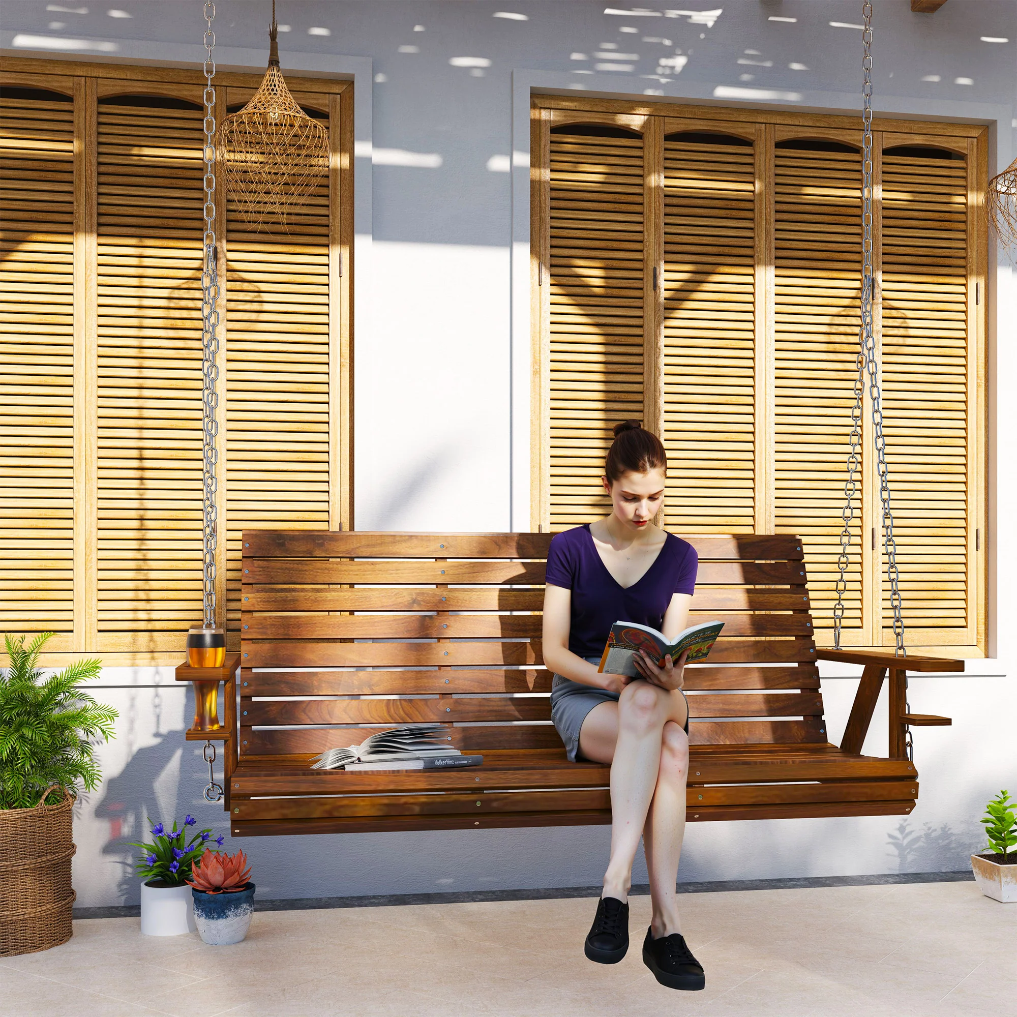 3-Seater Wooden Swing Bench with Cupholders & Hanging Chains, Carbonized - Image 4