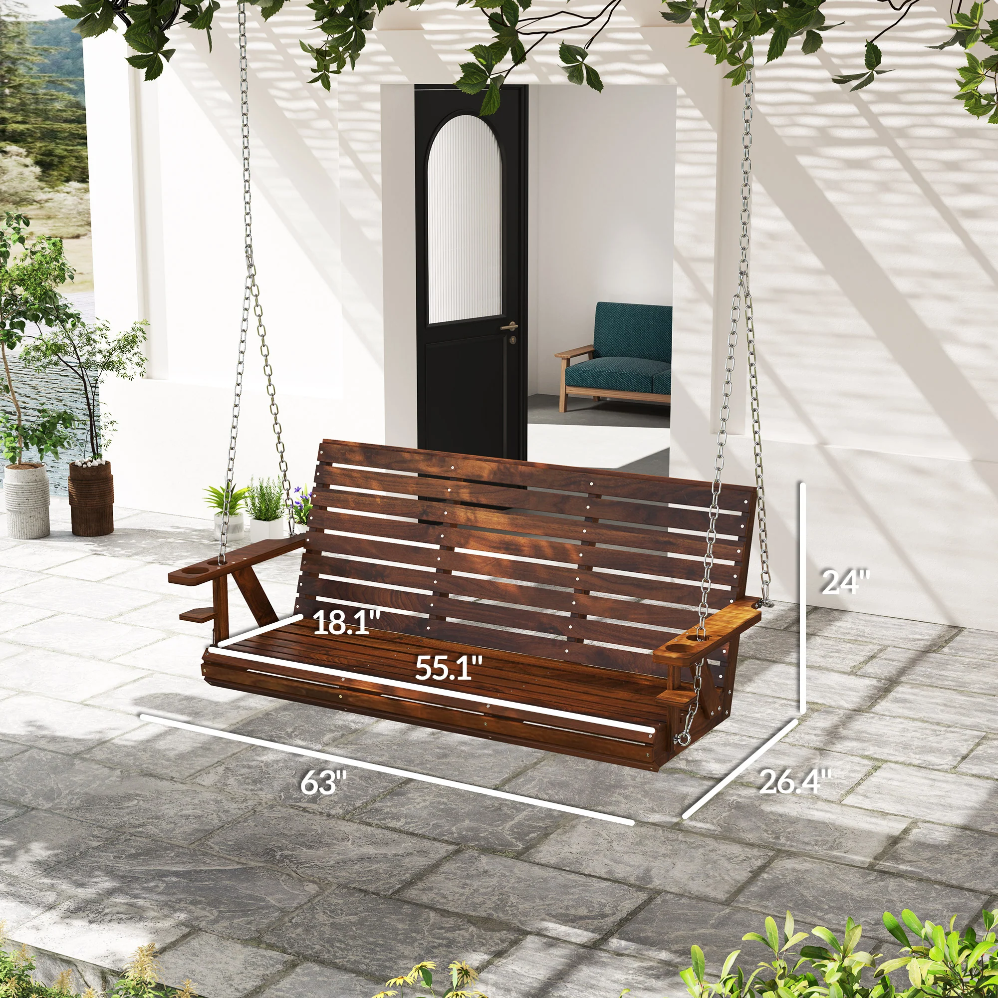 3-Seater Wooden Swing Bench with Cupholders & Hanging Chains, Carbonized - Image 5