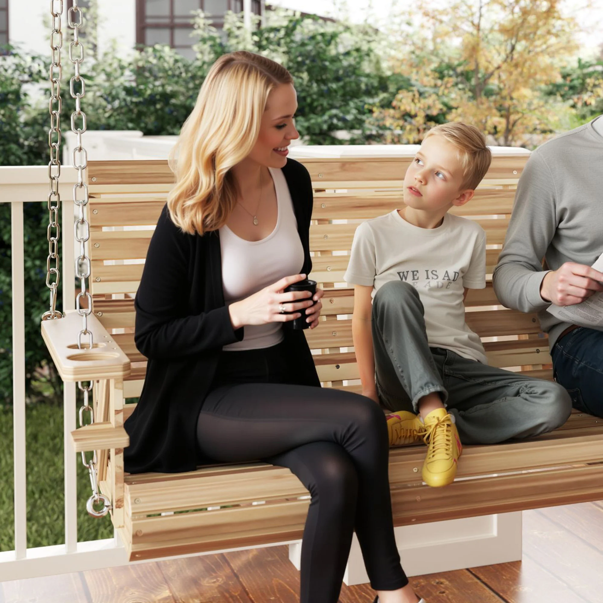 3-Seater Swing Bench with Cupholders, Hanging Chains for Patio & Garden, Nature Wood - Image 10