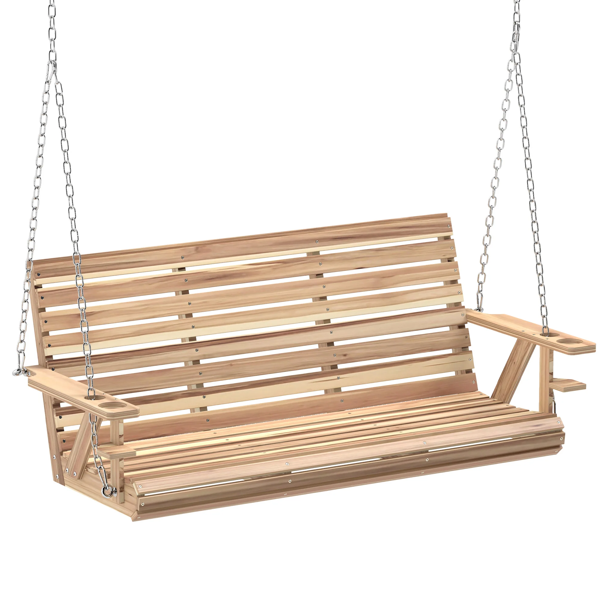 3-Seater Swing Bench with Cupholders, Hanging Chains for Patio & Garden, Nature Wood - Image 12