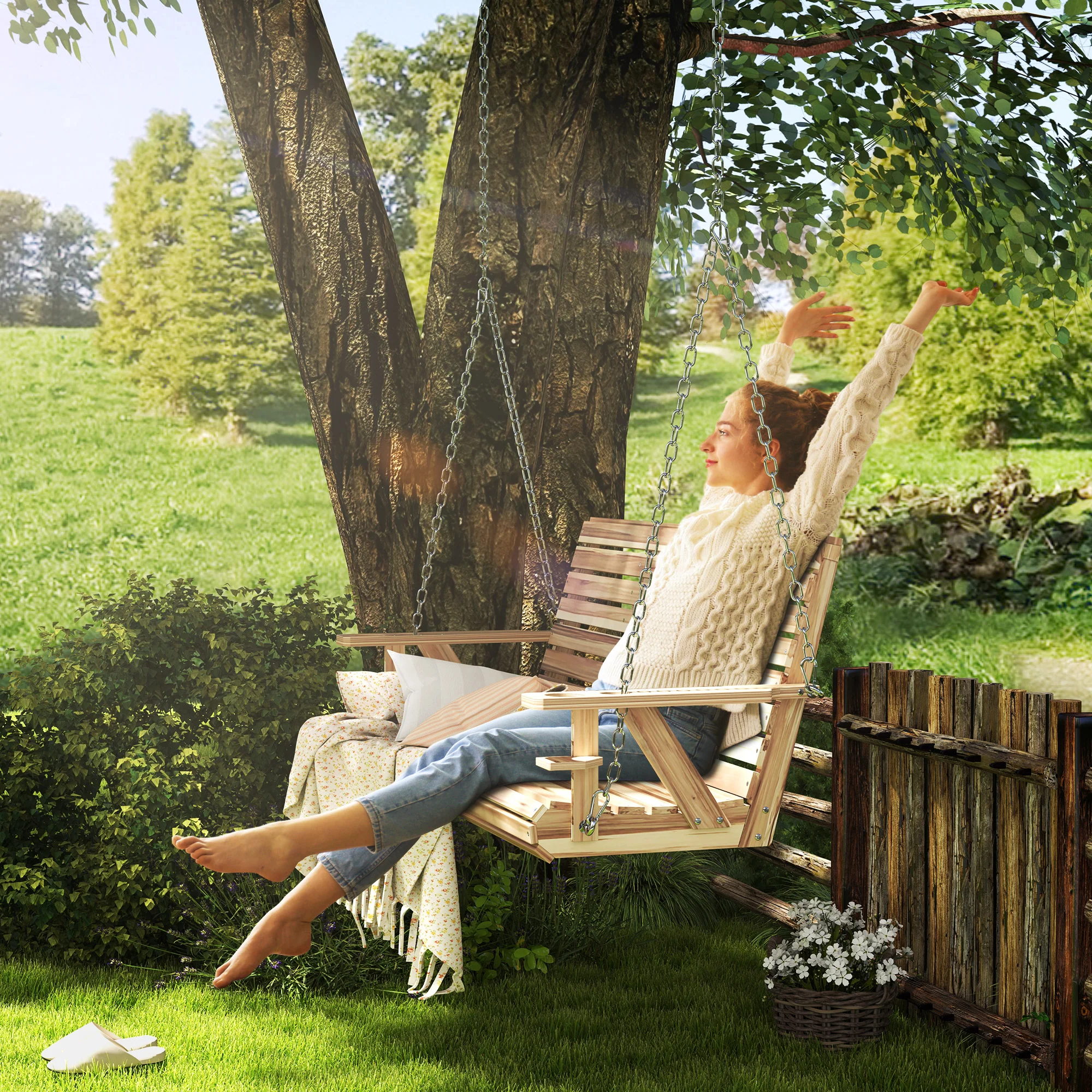 3-Seater Swing Bench with Cupholders, Hanging Chains for Patio & Garden, Nature Wood - Image 3