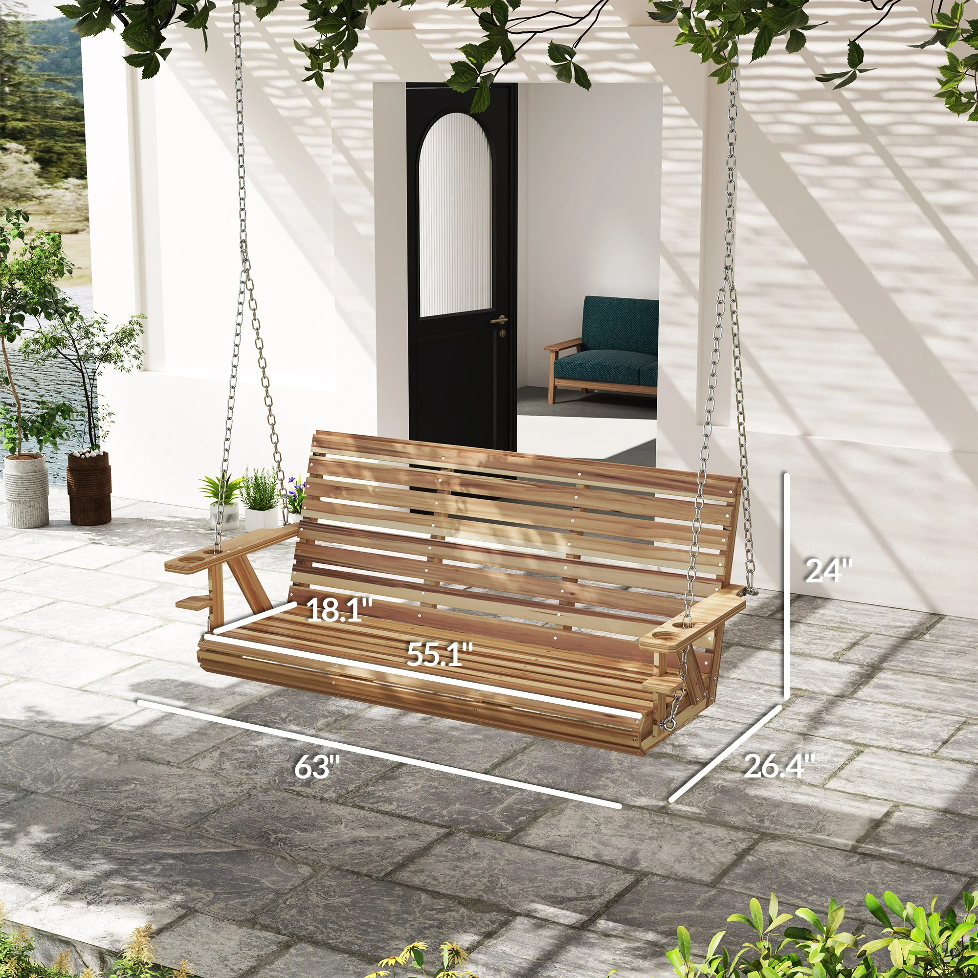 3-Seater Swing Bench with Cupholders, Hanging Chains for Patio & Garden, Nature Wood - Image 5