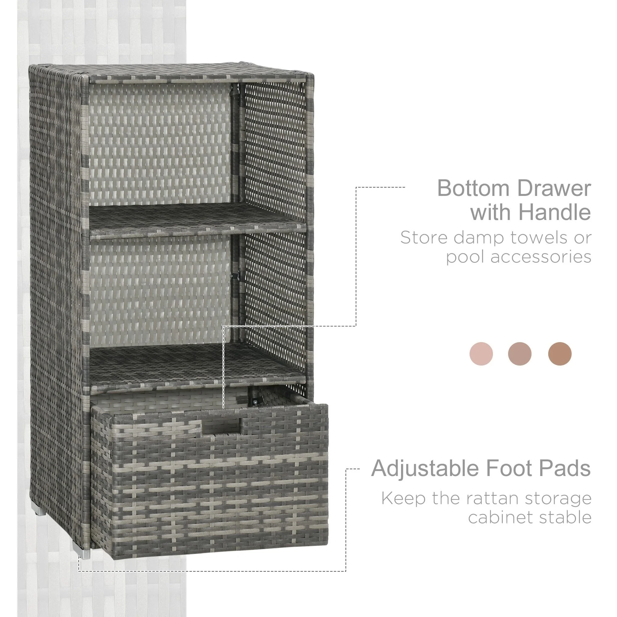 Waterproof PE Plastic Rattan Poolside Towel Storage, 2 Shelves, 1 Basket Drawer, Gray - Image 8