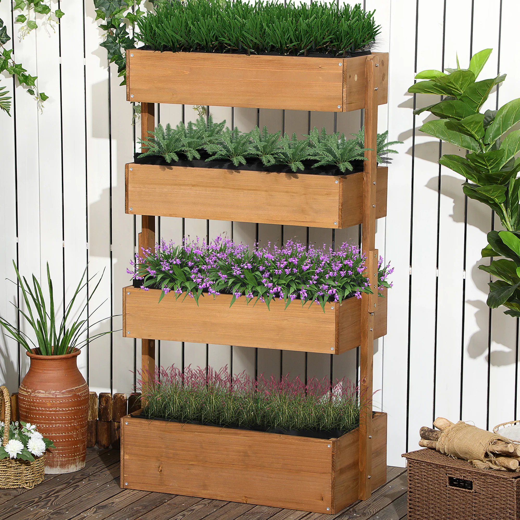 Vertical Garden Planter, Wooden 4 Tier Planter Box, Self-Draining with Non-Woven Fabric for Outdoor Flowers, Vegetables and Herbs, Orange - Image 4