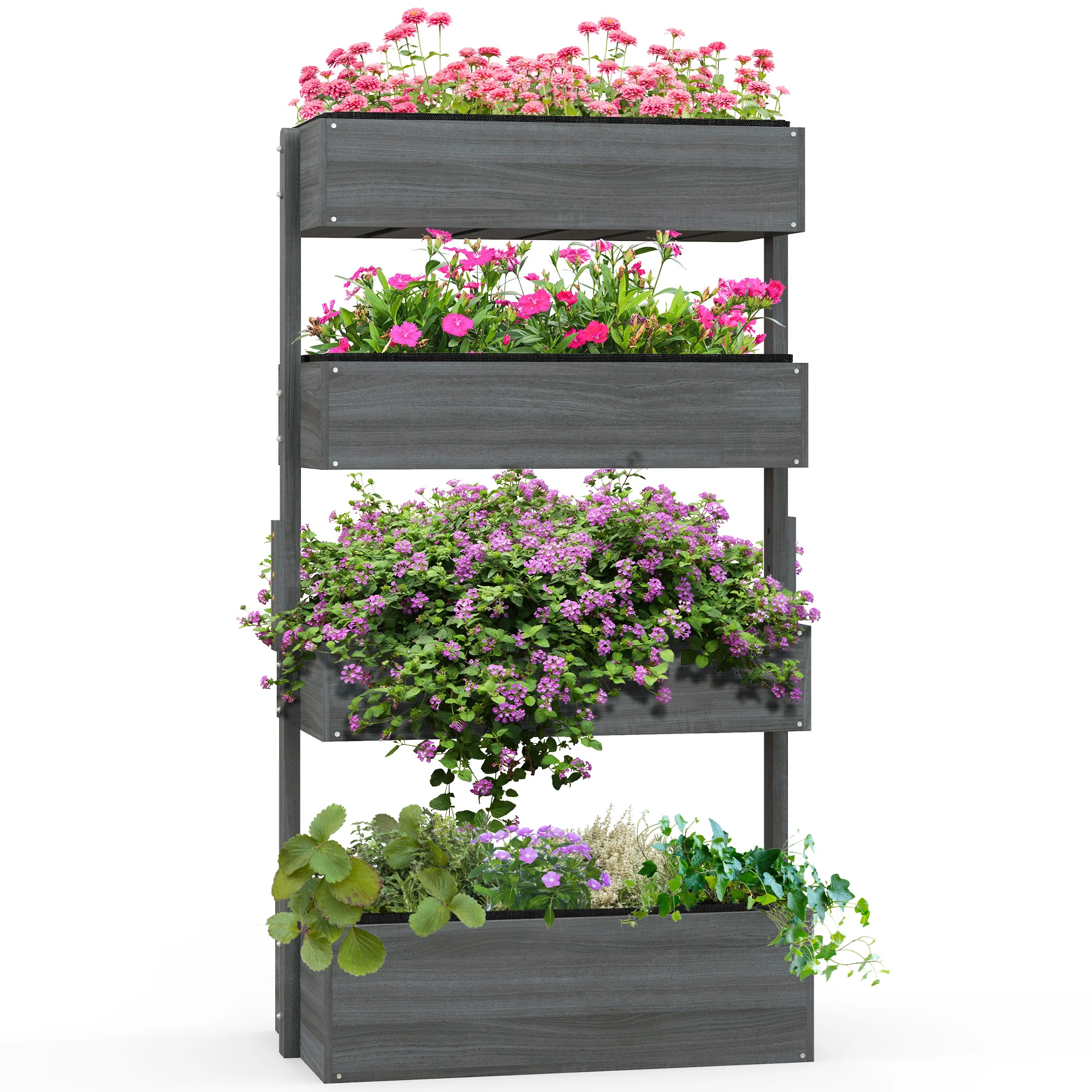Vertical Garden Planter, Wooden 4 Tier Planter Box, Self-Draining with Non-Woven Fabric for Outdoor Flowers, Vegetables and Herbs, Gray