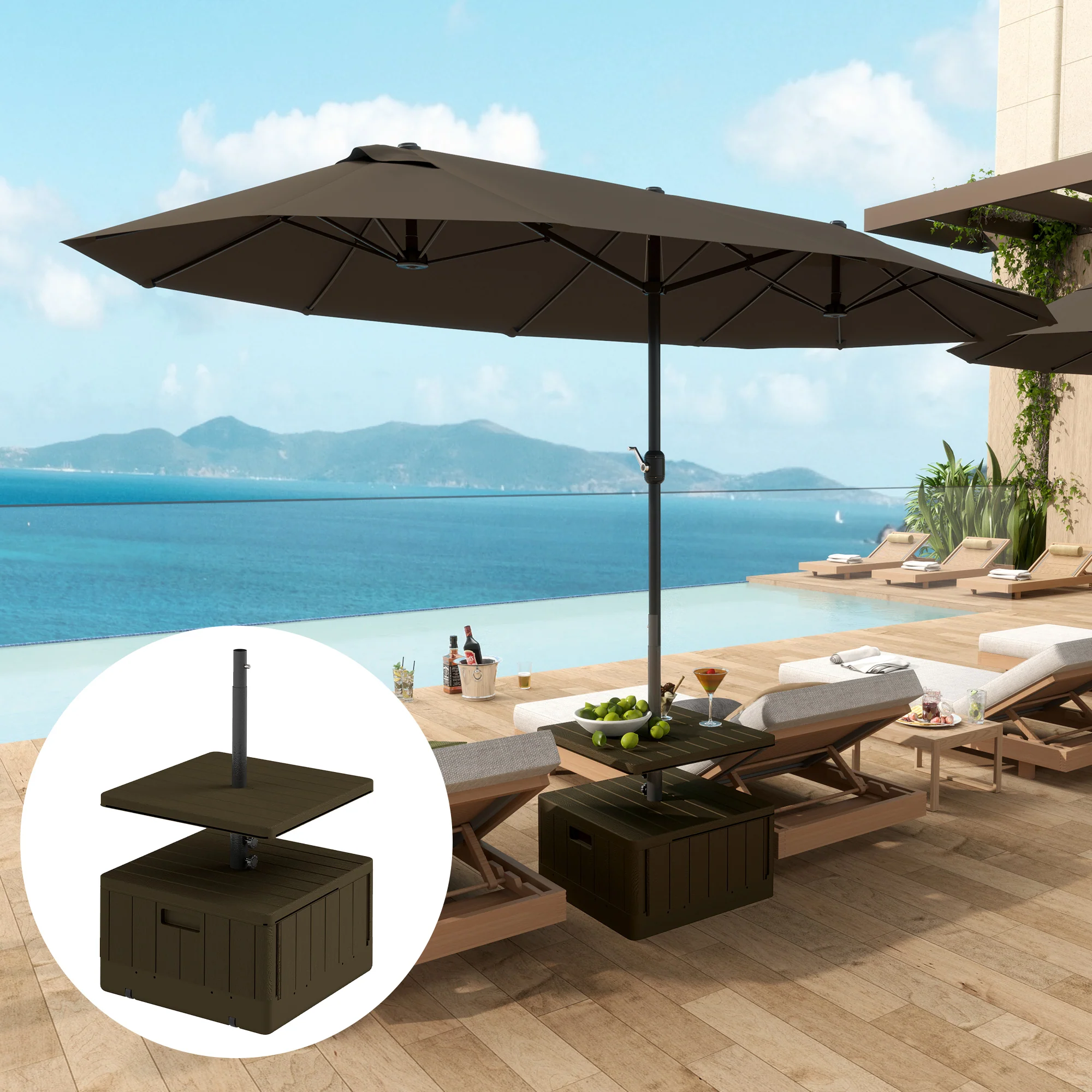 Heavy-Duty 176lbs Capacity Umbrella Stand with Wheels, Handles, Table Tray - Brown - Image 3