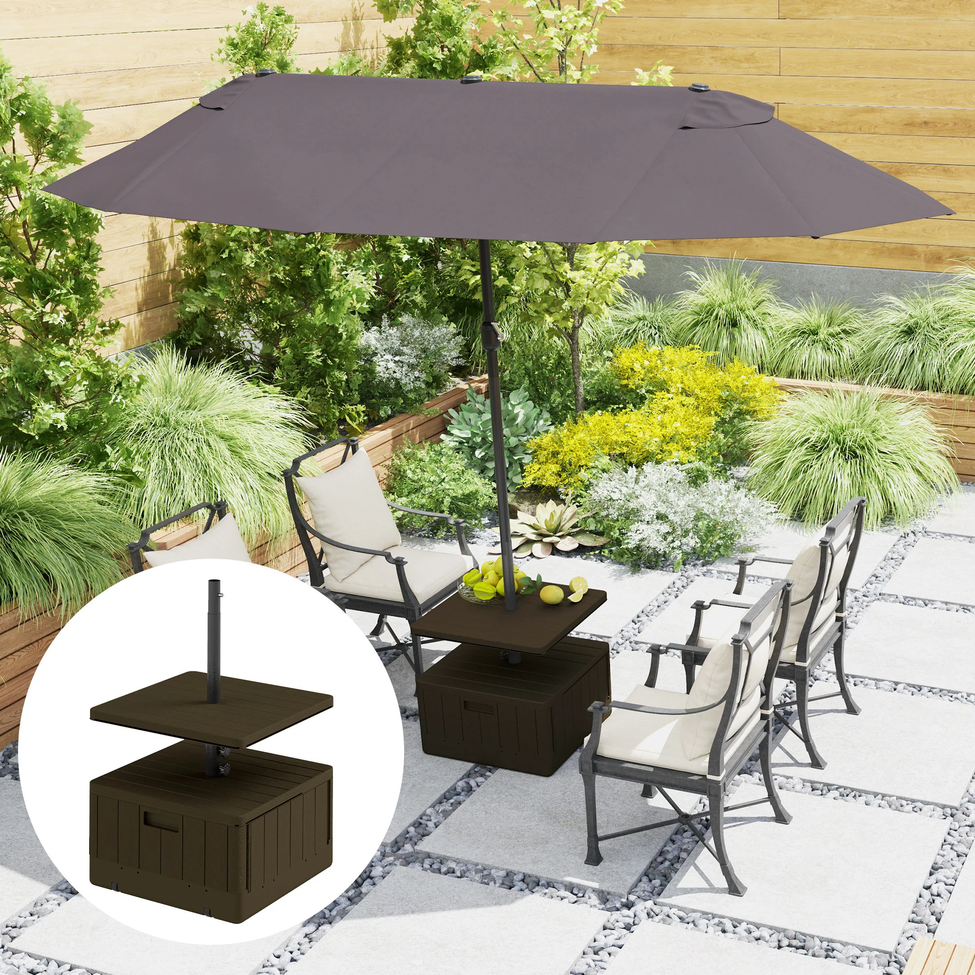 Heavy-Duty 176lbs Capacity Umbrella Stand with Wheels, Handles, Table Tray - Brown - Image 4