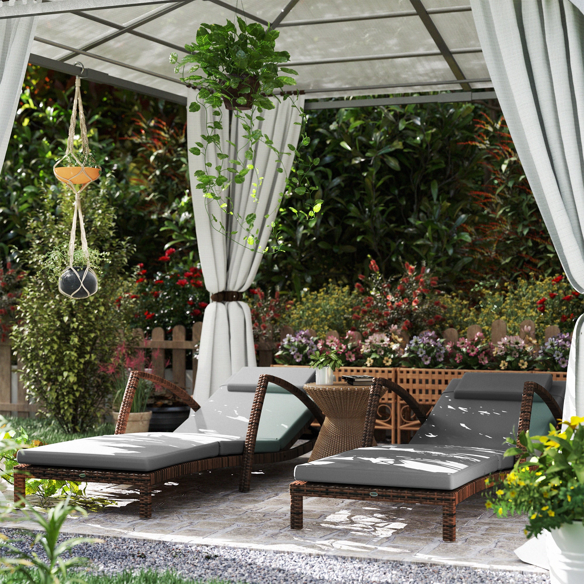 Set of 2 Outdoor Chaise Lounge Chair with Wheels, 5-Position Adjustable Reclining, Gray - Image 3