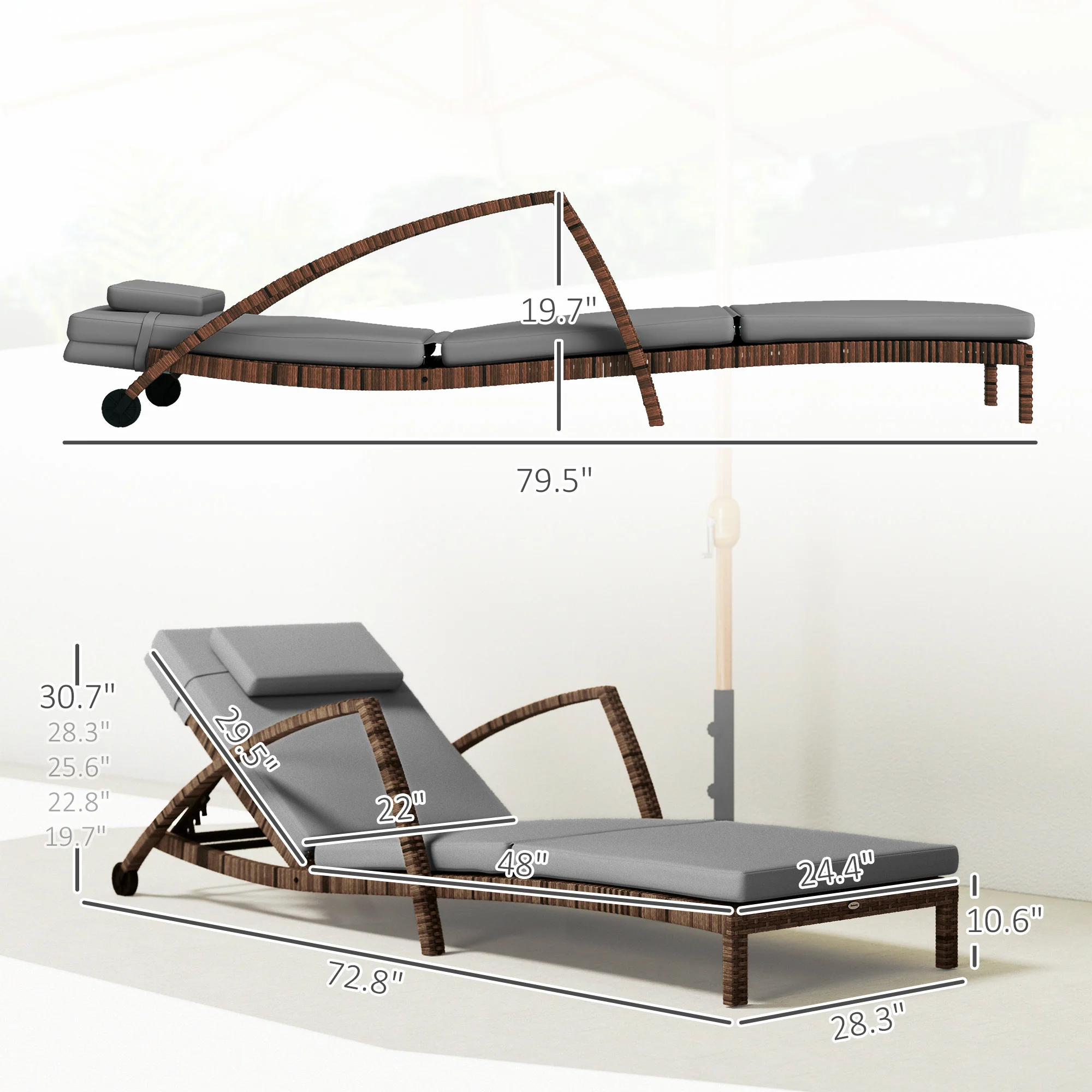 Set of 2 Outdoor Chaise Lounge Chair with Wheels, 5-Position Adjustable Reclining, Gray - Image 5