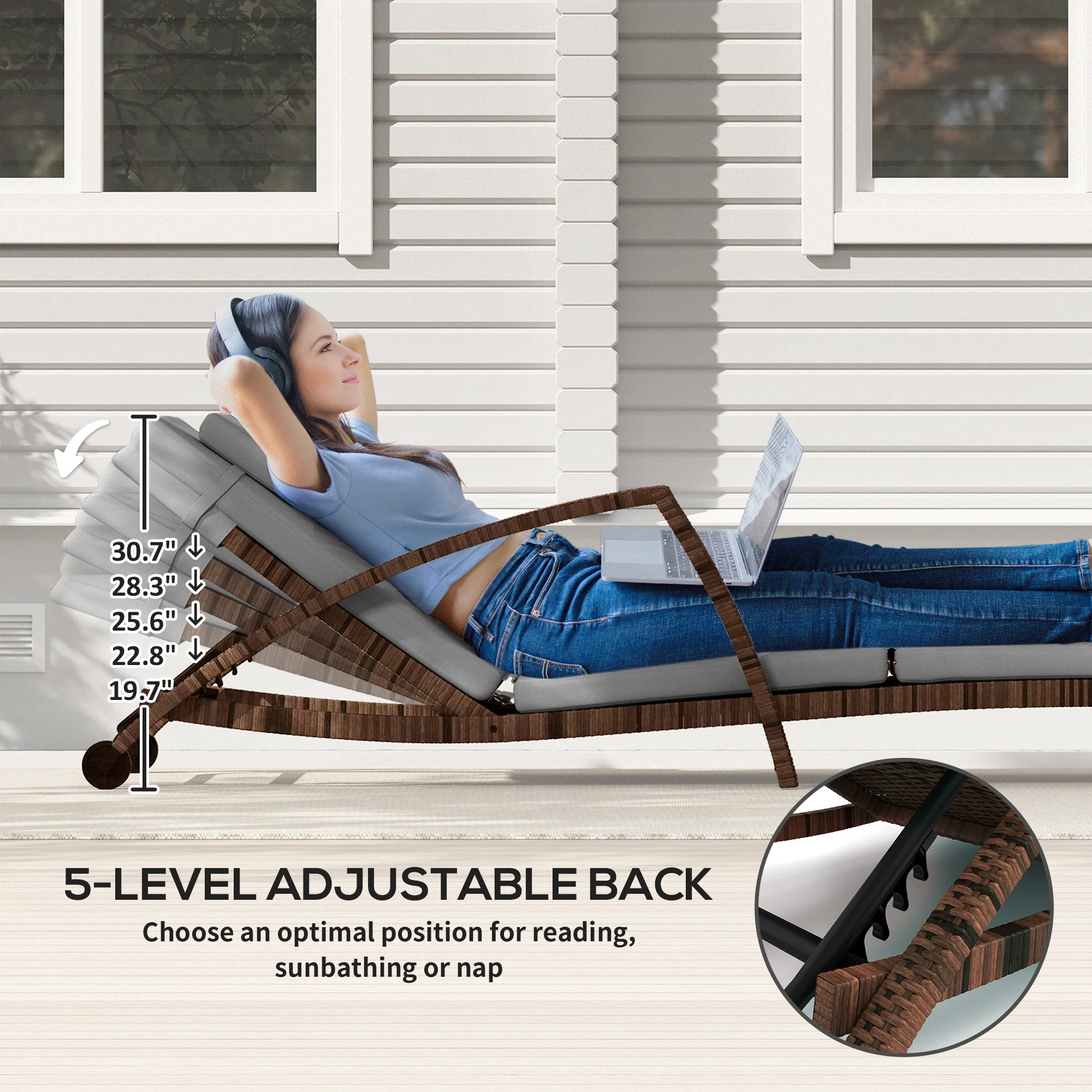 Set of 2 Outdoor Chaise Lounge Chair with Wheels, 5-Position Adjustable Reclining, Gray - Image 6