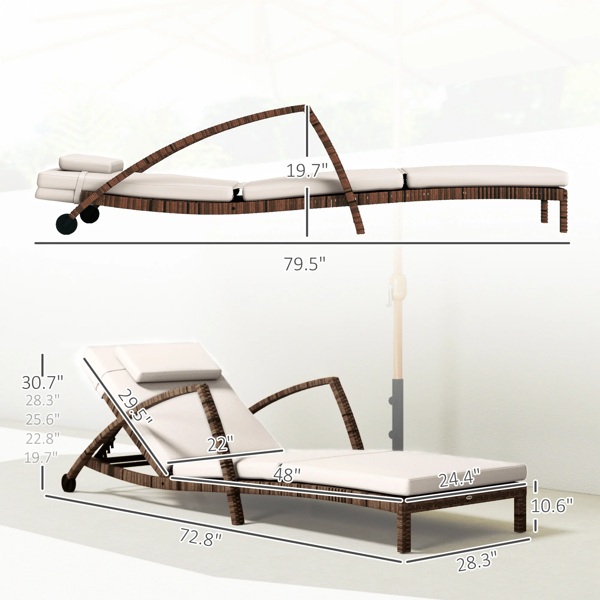 Set of 2 Outdoor Chaise Lounge Chair with Wheels, 5-Position Adjustable Reclining, Beige - Image 5