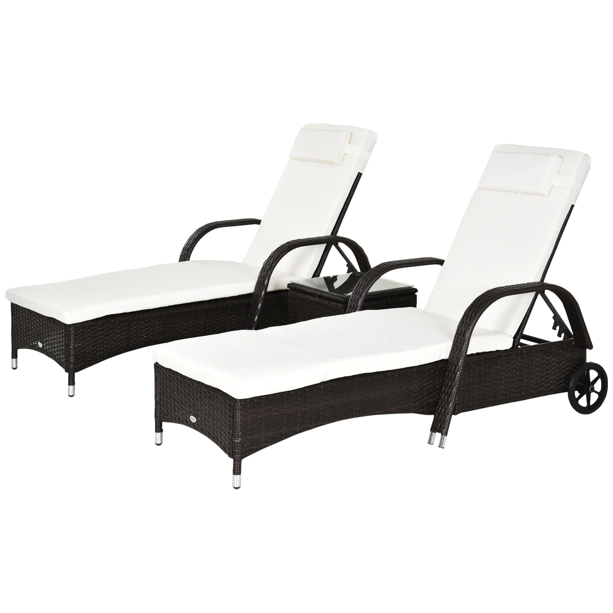 3-Piece Patio Chaise Lounge Chair with Table, 5-Level Adjustable Backrest & Wheels, Brown - Image 2
