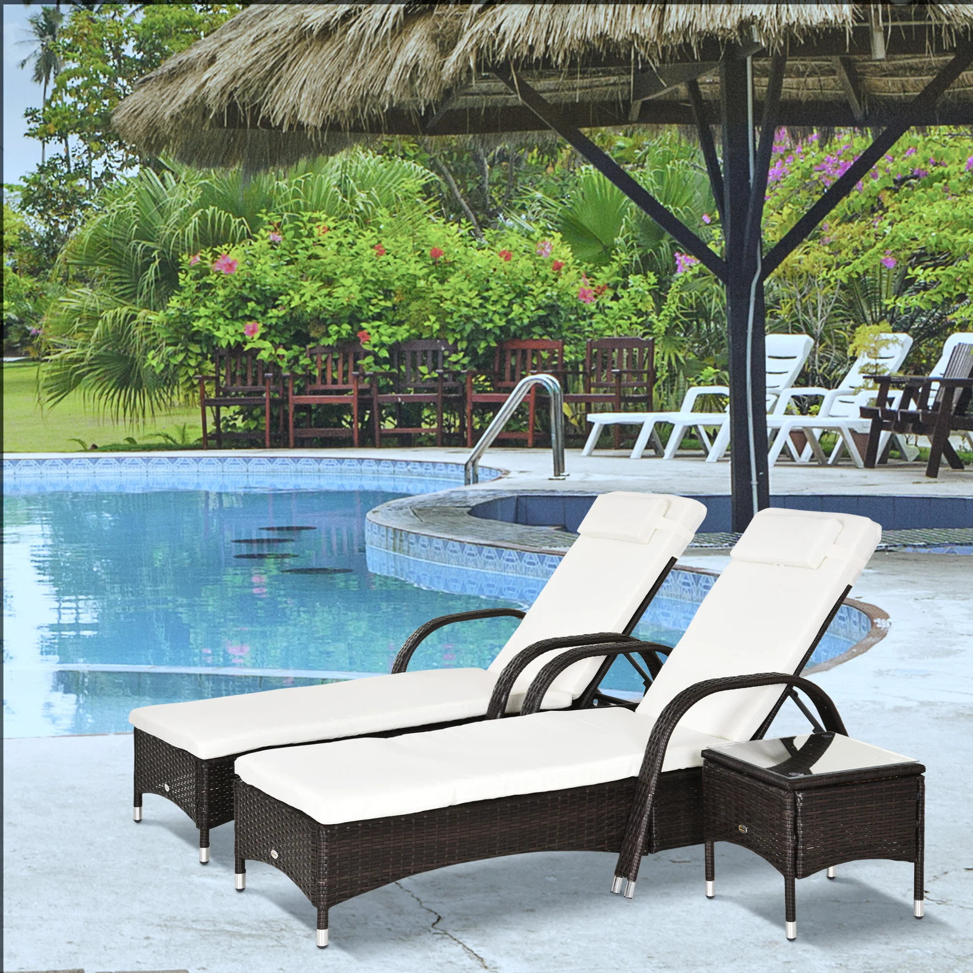 3-Piece Patio Chaise Lounge Chair with Table, 5-Level Adjustable Backrest & Wheels, Brown - Image 3
