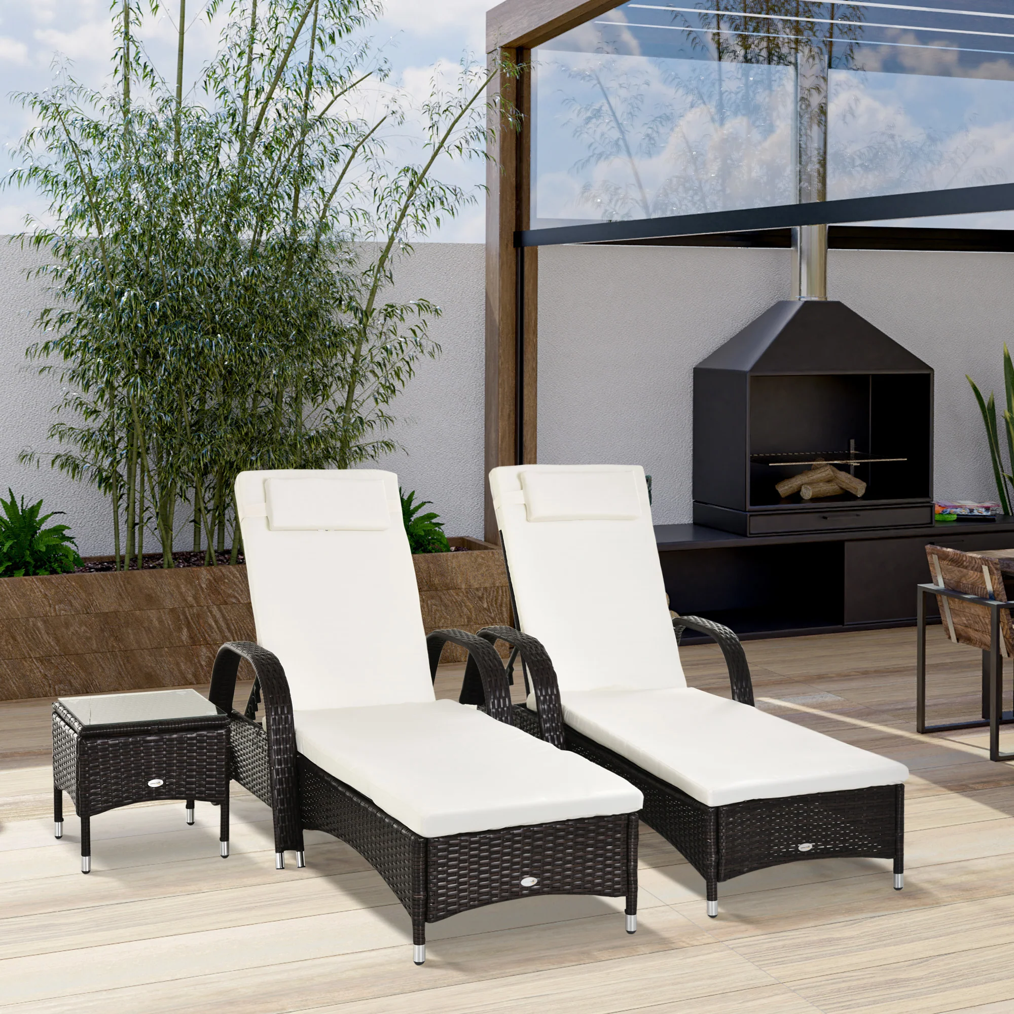 3-Piece Patio Chaise Lounge Chair with Table, 5-Level Adjustable Backrest & Wheels, Brown - Image 4