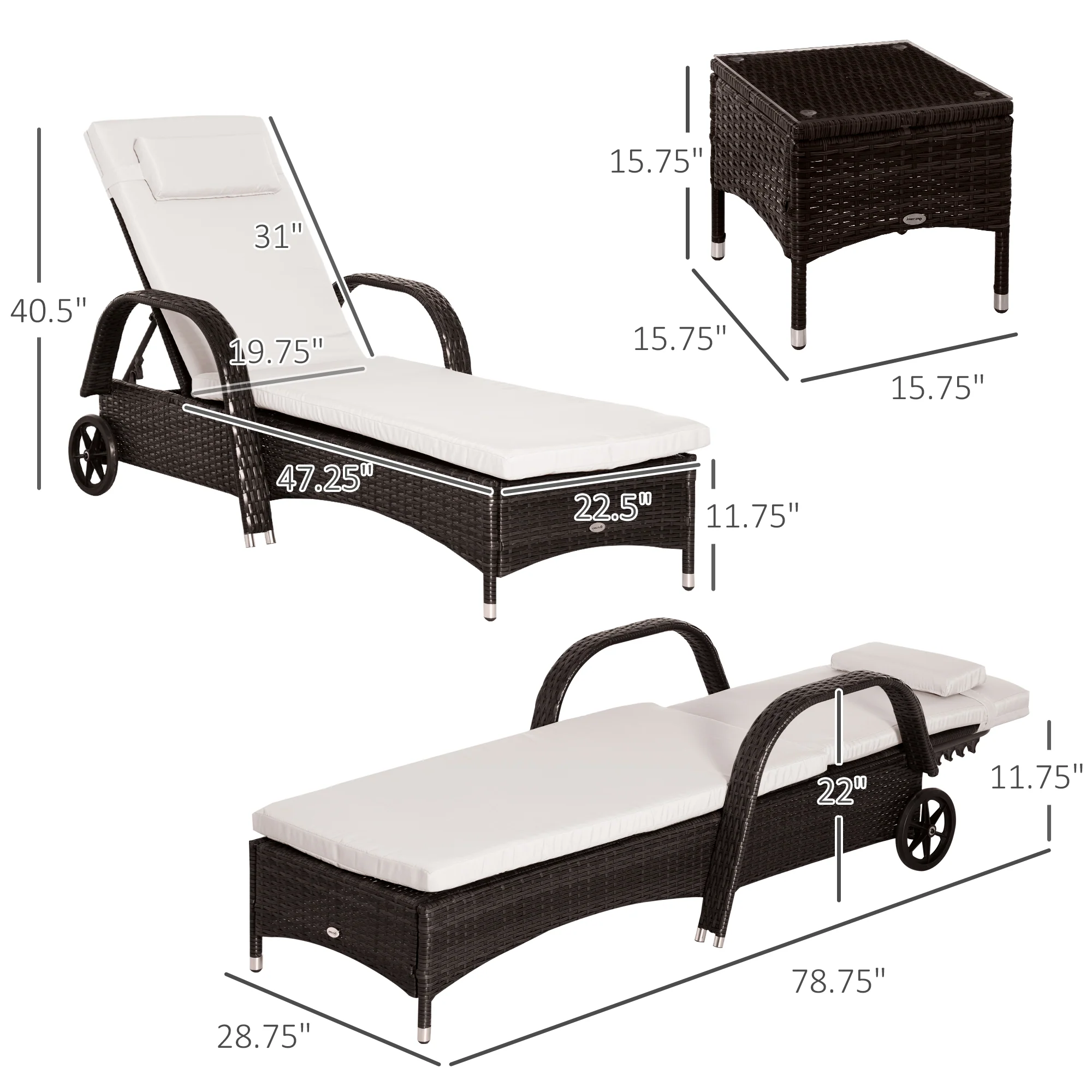 3-Piece Patio Chaise Lounge Chair with Table, 5-Level Adjustable Backrest & Wheels, Brown - Image 5