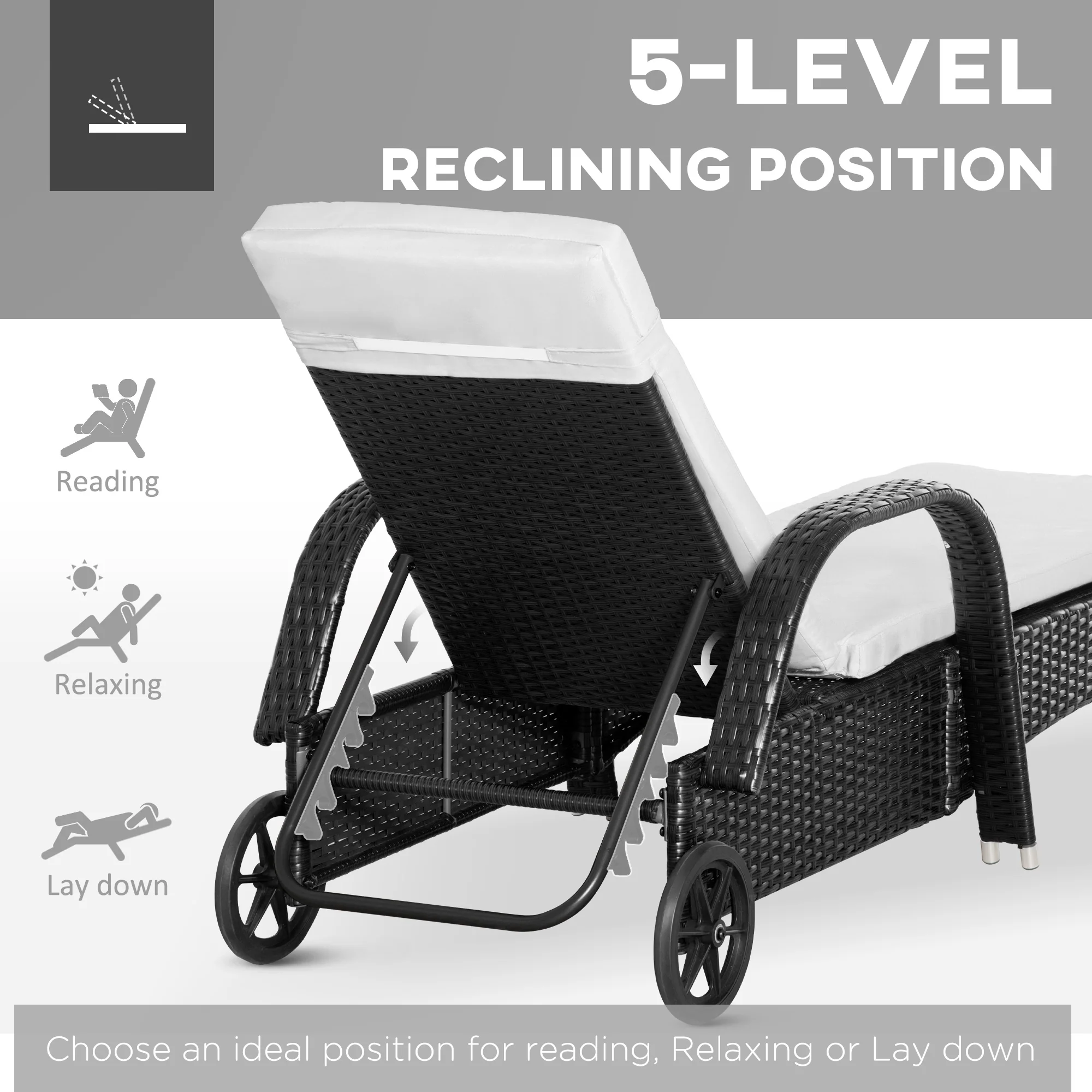 3-Piece Patio Chaise Lounge Chair with Table, 5-Level Adjustable Backrest & Wheels, Black - Image 7