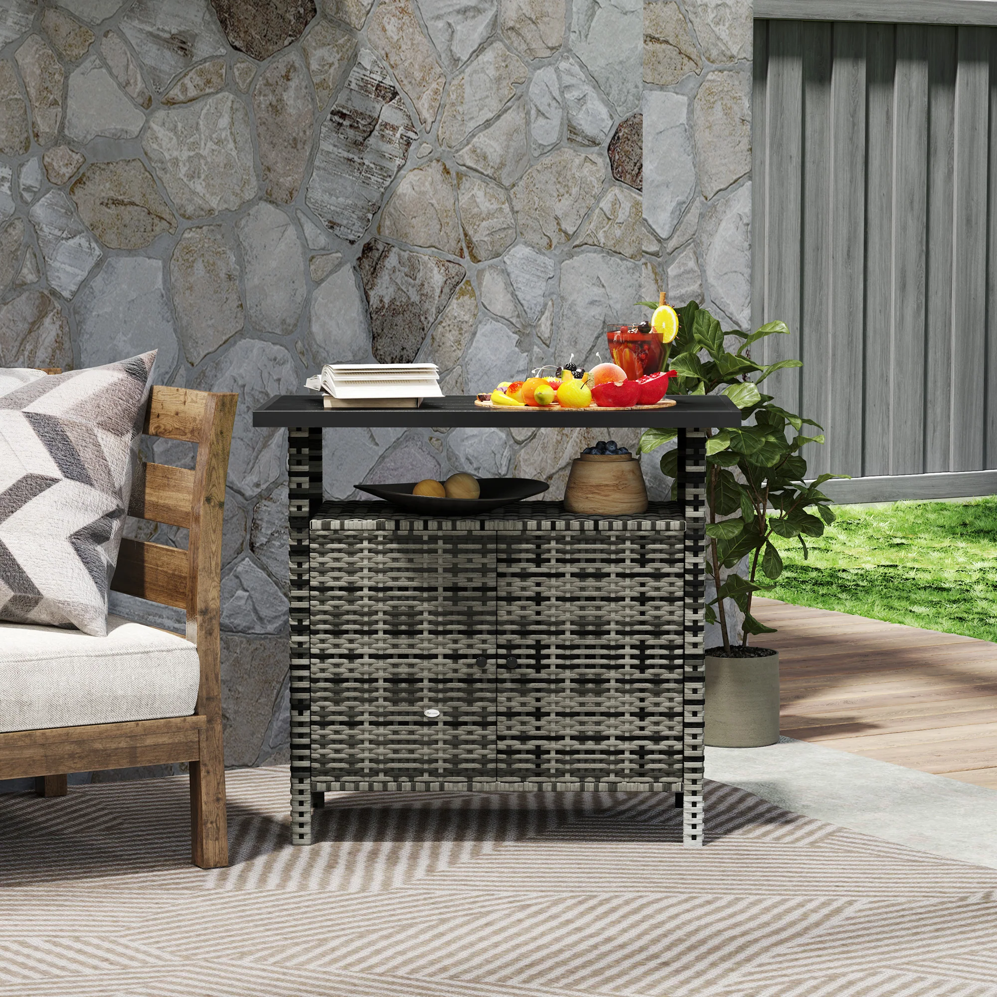 Wicker Outdoor Storage Cabinet with Shelf, Garden Buffet Cabinet Sideboard, Mixed Gray - Image 10