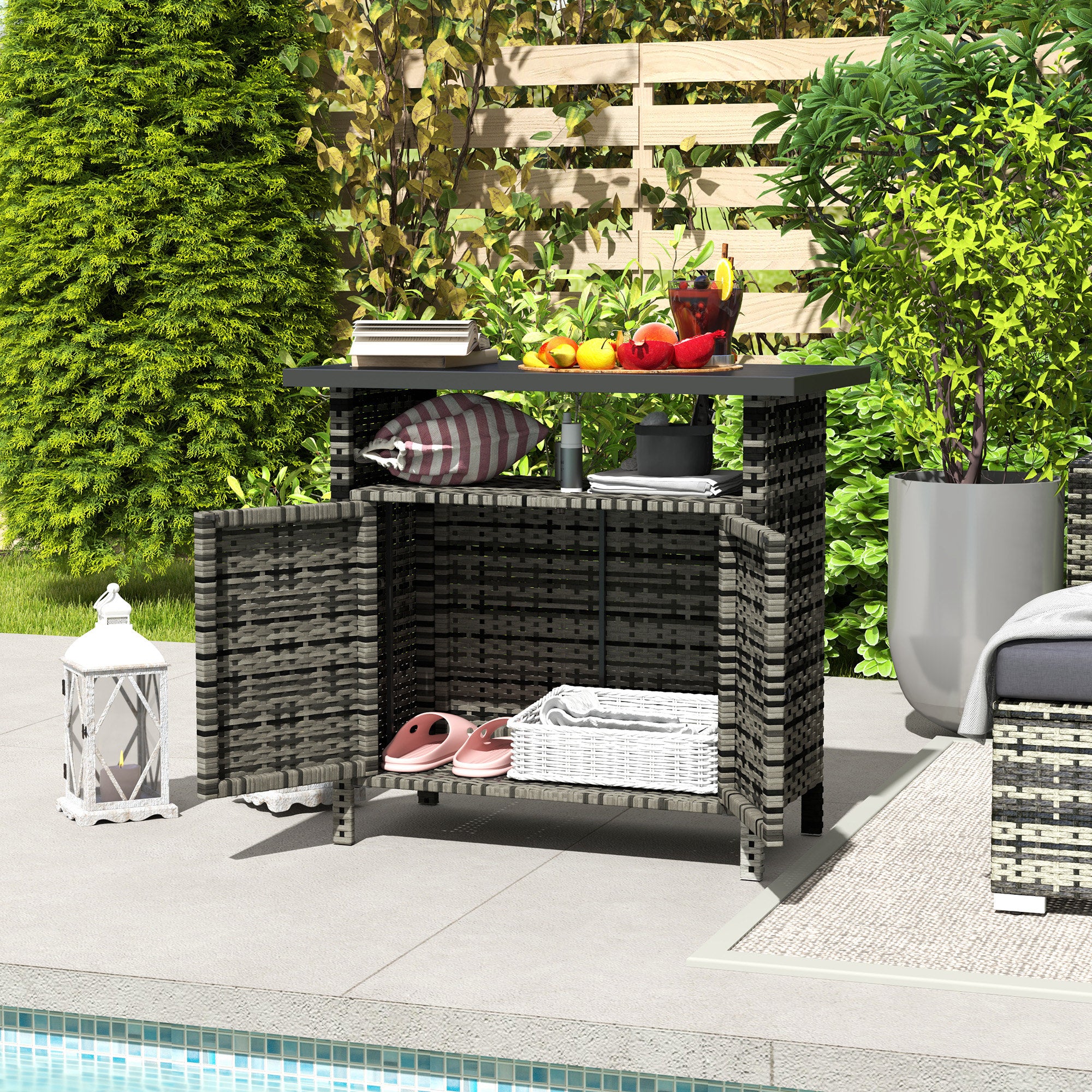 Wicker Outdoor Storage Cabinet with Shelf, Garden Buffet Cabinet Sideboard, Mixed Gray - Image 11