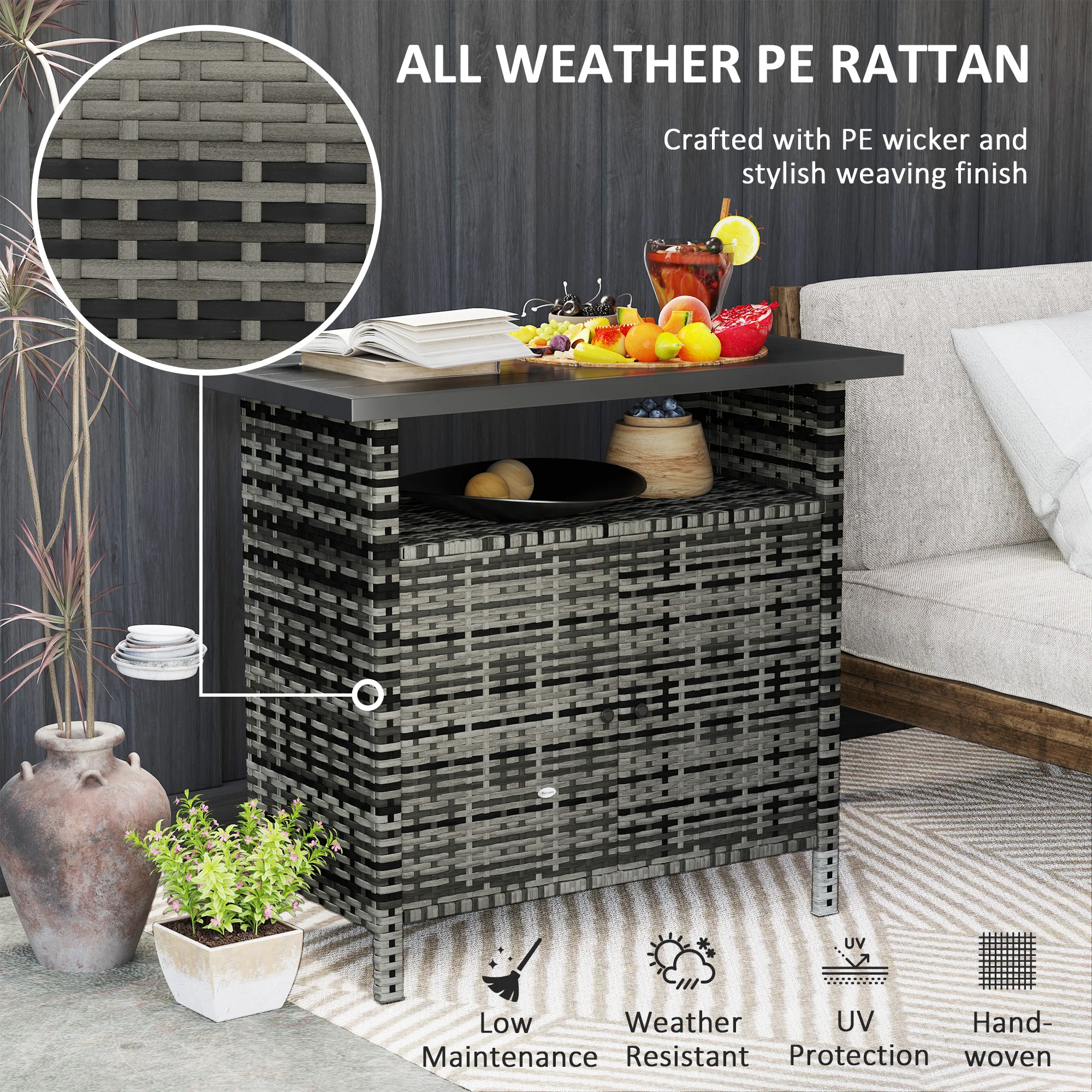 Wicker Outdoor Storage Cabinet with Shelf, Garden Buffet Cabinet Sideboard, Mixed Gray - Image 7