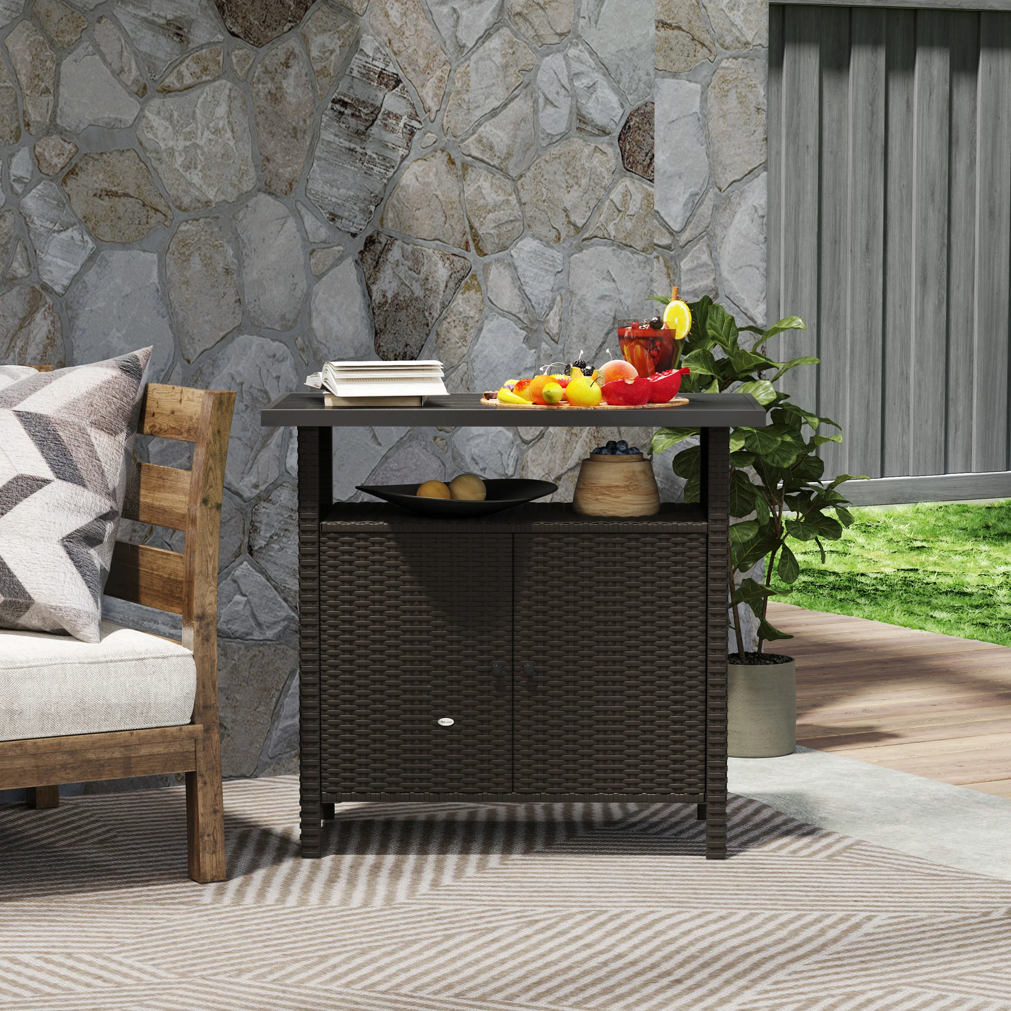 Rattan Outdoor Bar Table with Shelf and Metal Slatted Countertop, Dark Coffee - Image 10