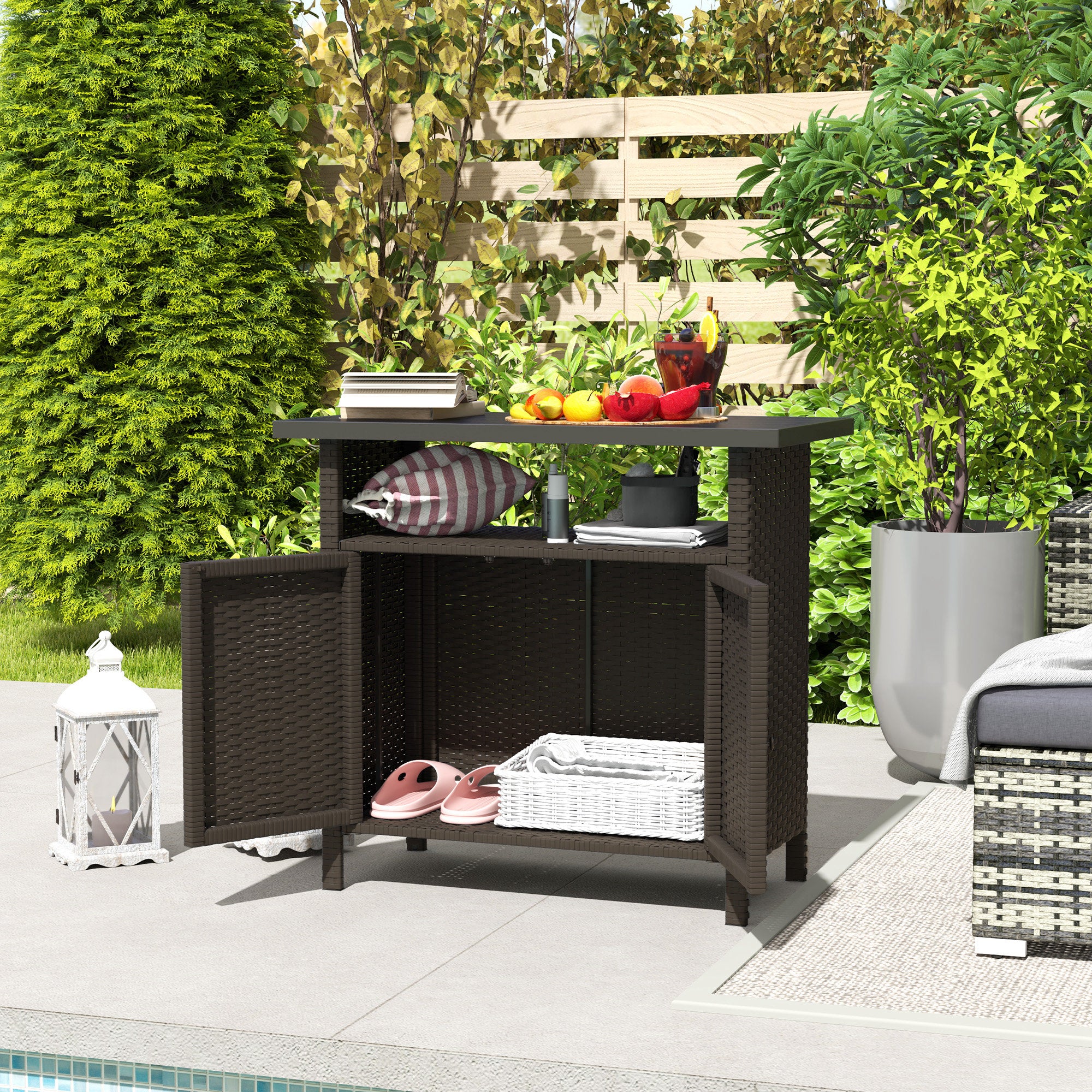 Rattan Outdoor Bar Table with Shelf and Metal Slatted Countertop, Dark Coffee - Image 11